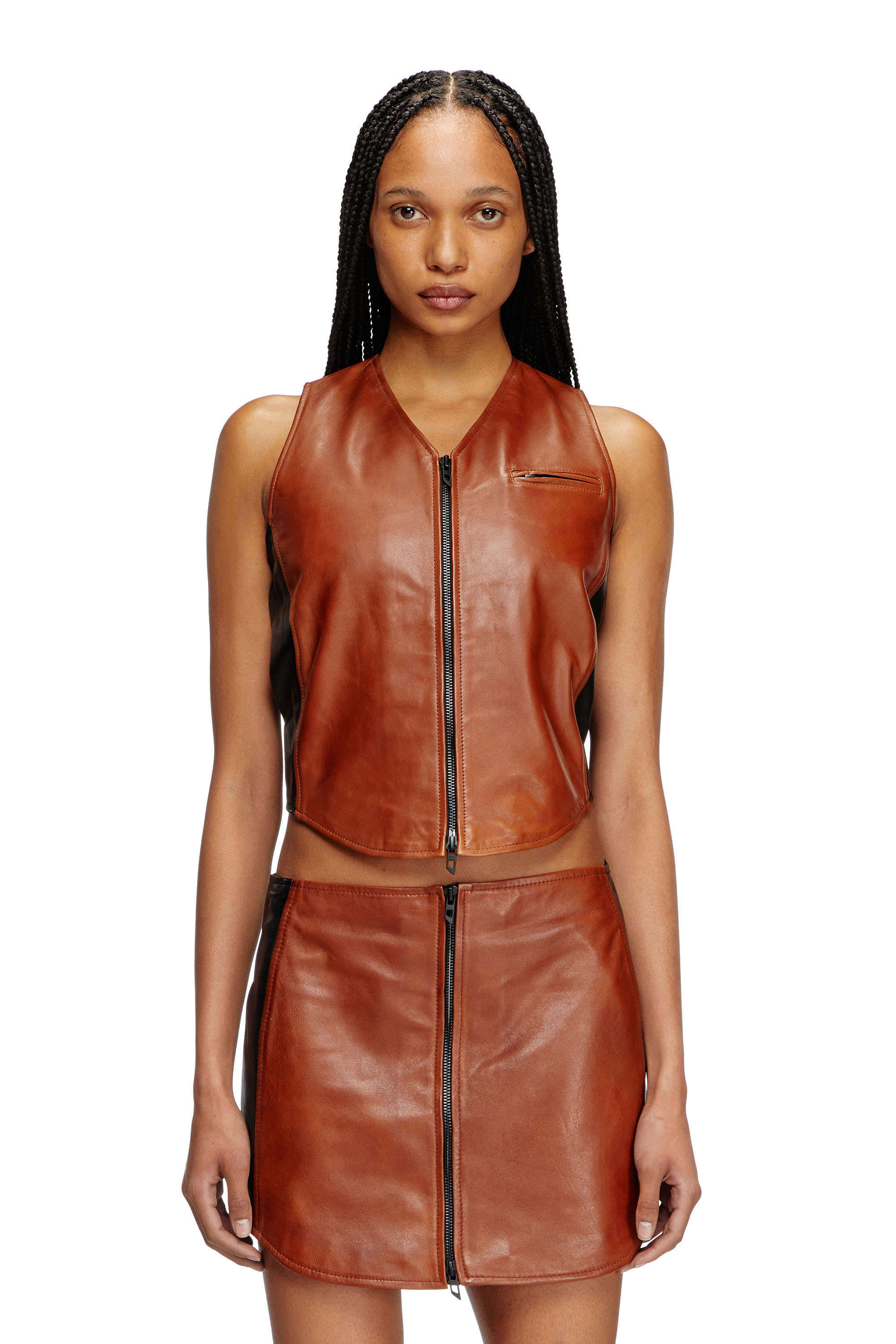 Diesel - L-USTRA, Female's Cropped colour-block leather vest in ブラック/ブラウン - 1