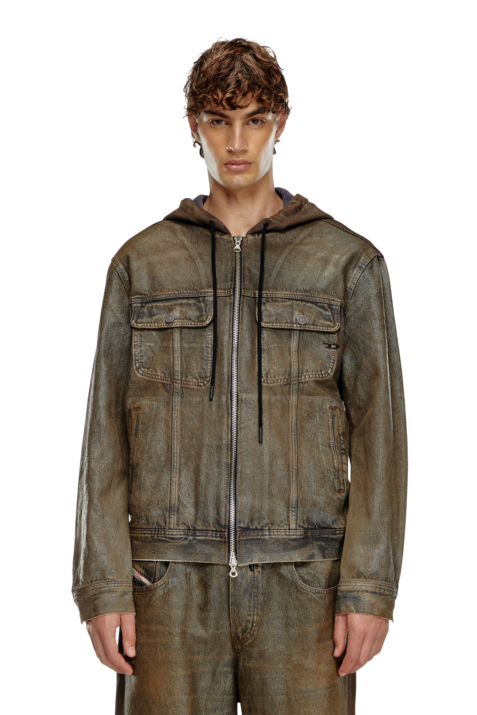 Diesel - D-GROSS-S1, Male's Hooded jacket in coated denim in Brown - 3