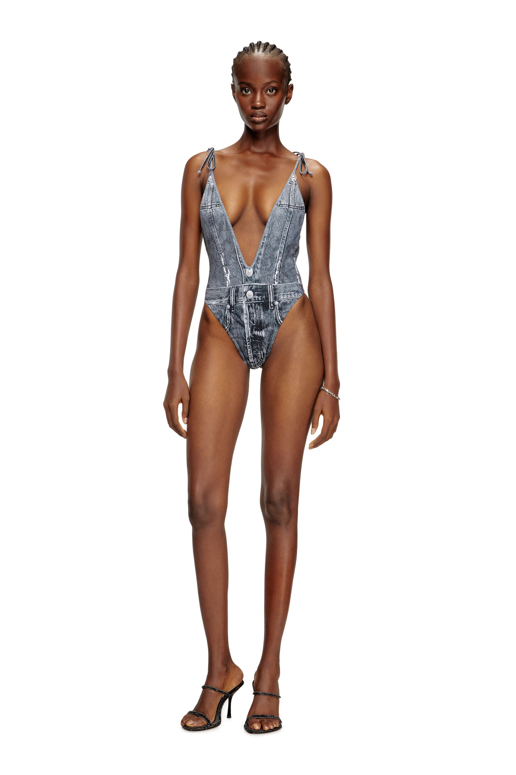 Diesel - KINSLEY-DNM, Female's Plunging swimsuit with denim trompe l'oeil in ブルー - 3
