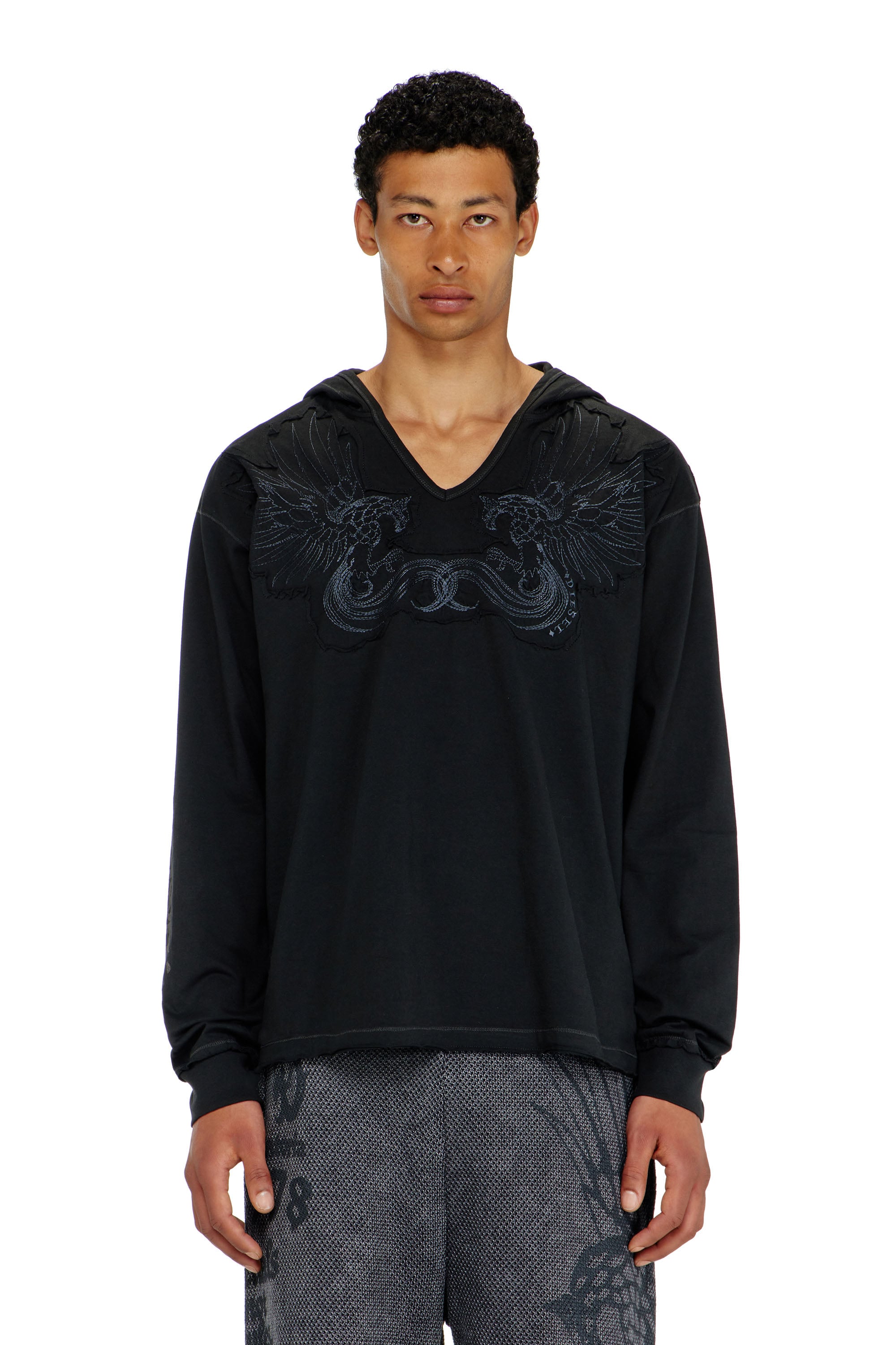 Diesel - T-PHEN-LS-HOOD-RIB, Male's フード付き長袖Tシャツ in ブラック - 1