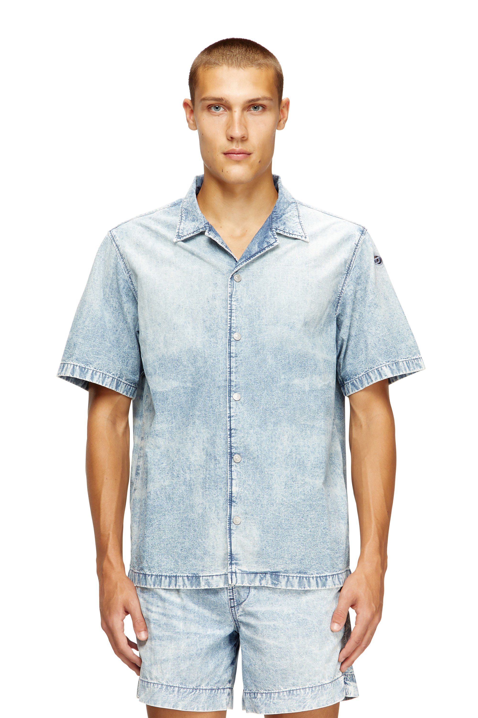 Diesel - D-NABIL-S4, Male's Bowling shirt in marbled denim in ライトブルー - 1