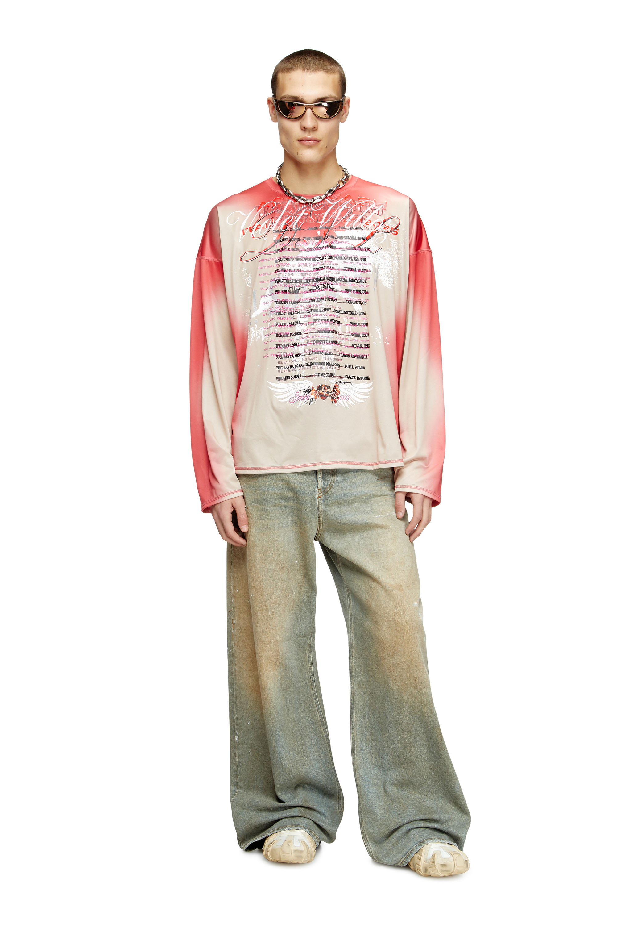 Diesel - T-OLAVI-BB, Unisex's Long-sleeve tech-jersey T-shirt with lyrics print in ピンク / ホワイト - 4