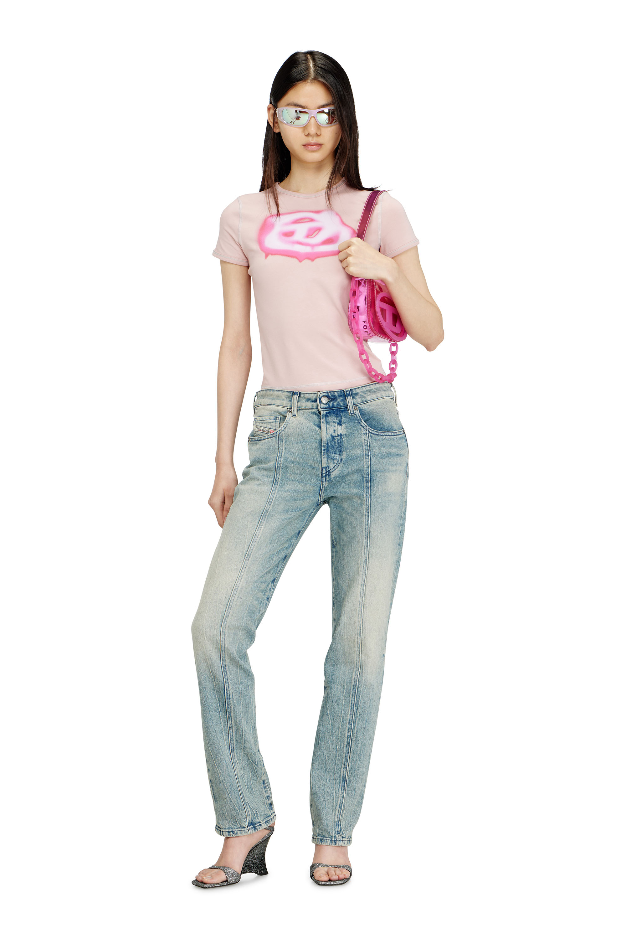 Diesel - T-UNCUTIES-LONG-S3, Female's Slim T-shirt with graffiti-effect logo in ピンク / ホワイト - 2