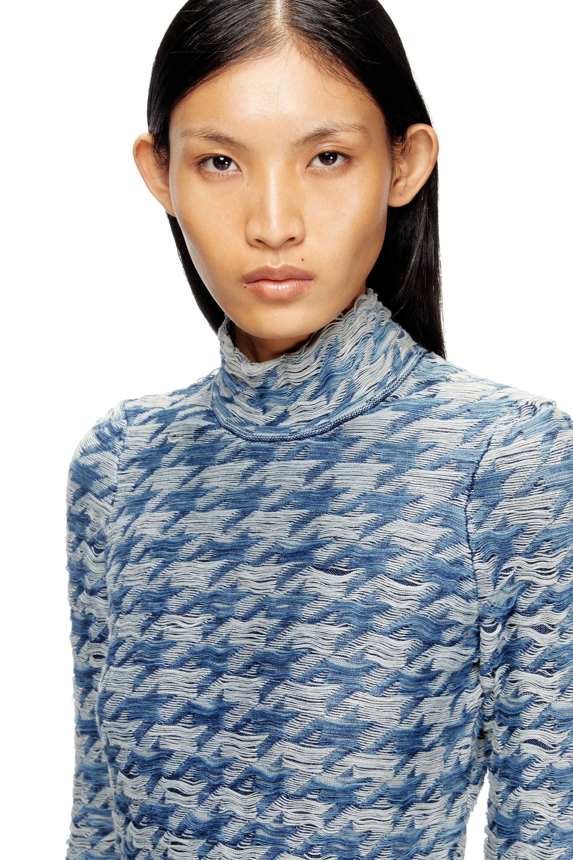 Diesel - M-HILDA, Female's Turtleneck in denim-look houndstooth jacquard in ブルー/グレー - 4