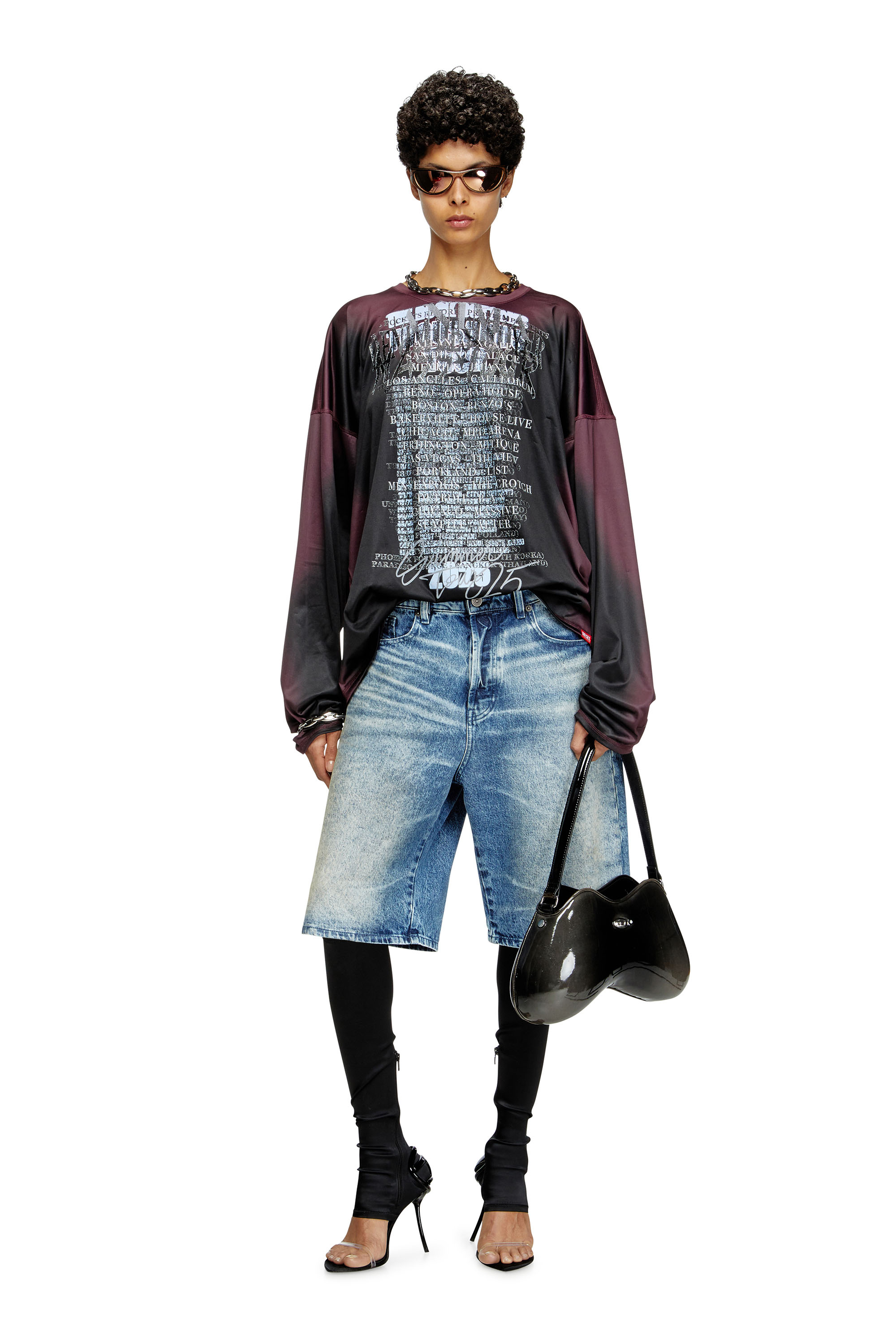 Diesel - T-OLAVI-AA, Unisex's Long-sleeve tech-jersey T-shirt with lyrics print in ブラック/バイオレット - 7