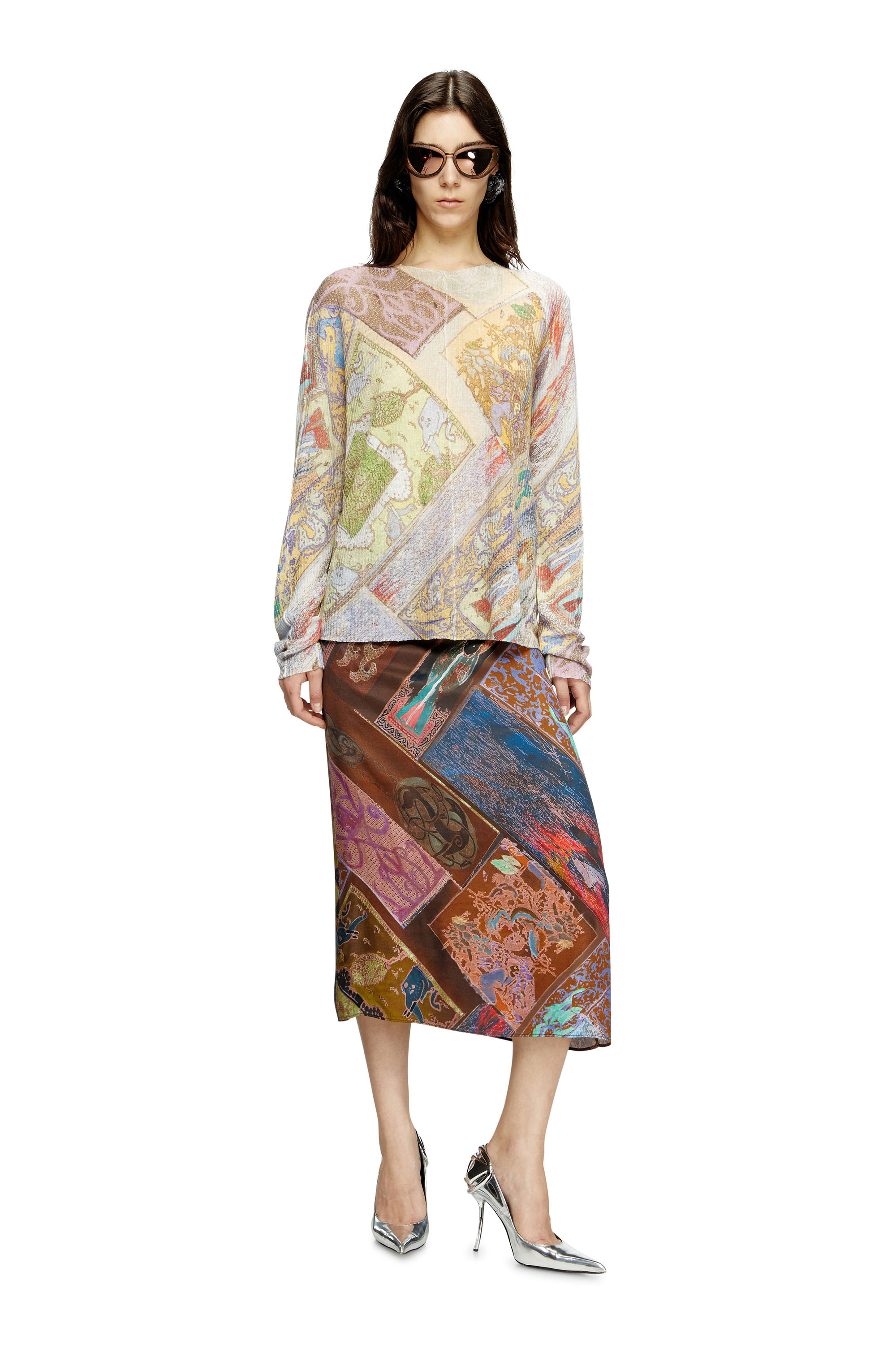 Diesel - O-RCHID, Female's Viscose midi skirt with Heraldic print in ブラウン - 2