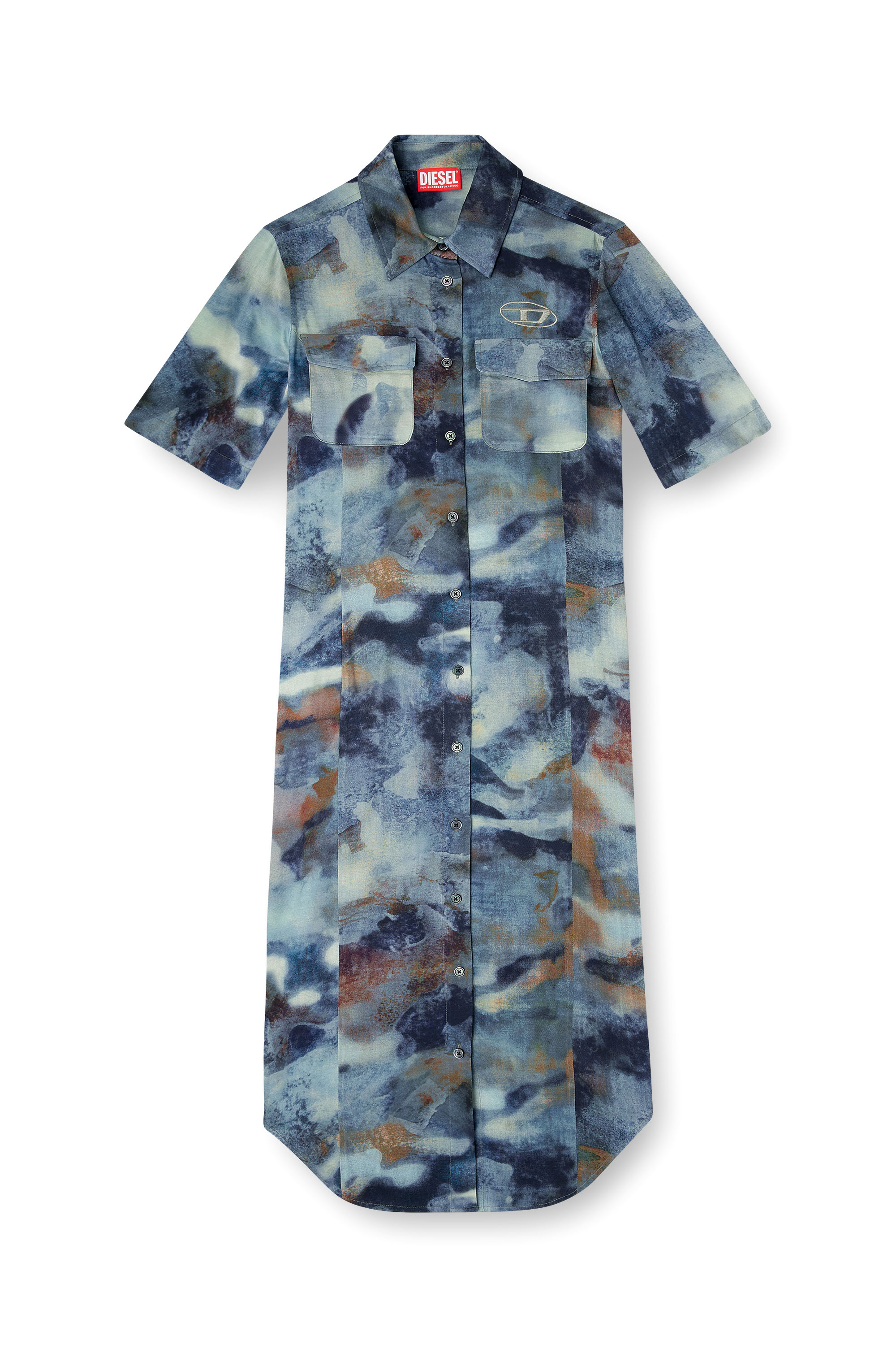 Diesel - D-ANA, Female's Satin shirt-dress with all-over camo print in ブルー - 3