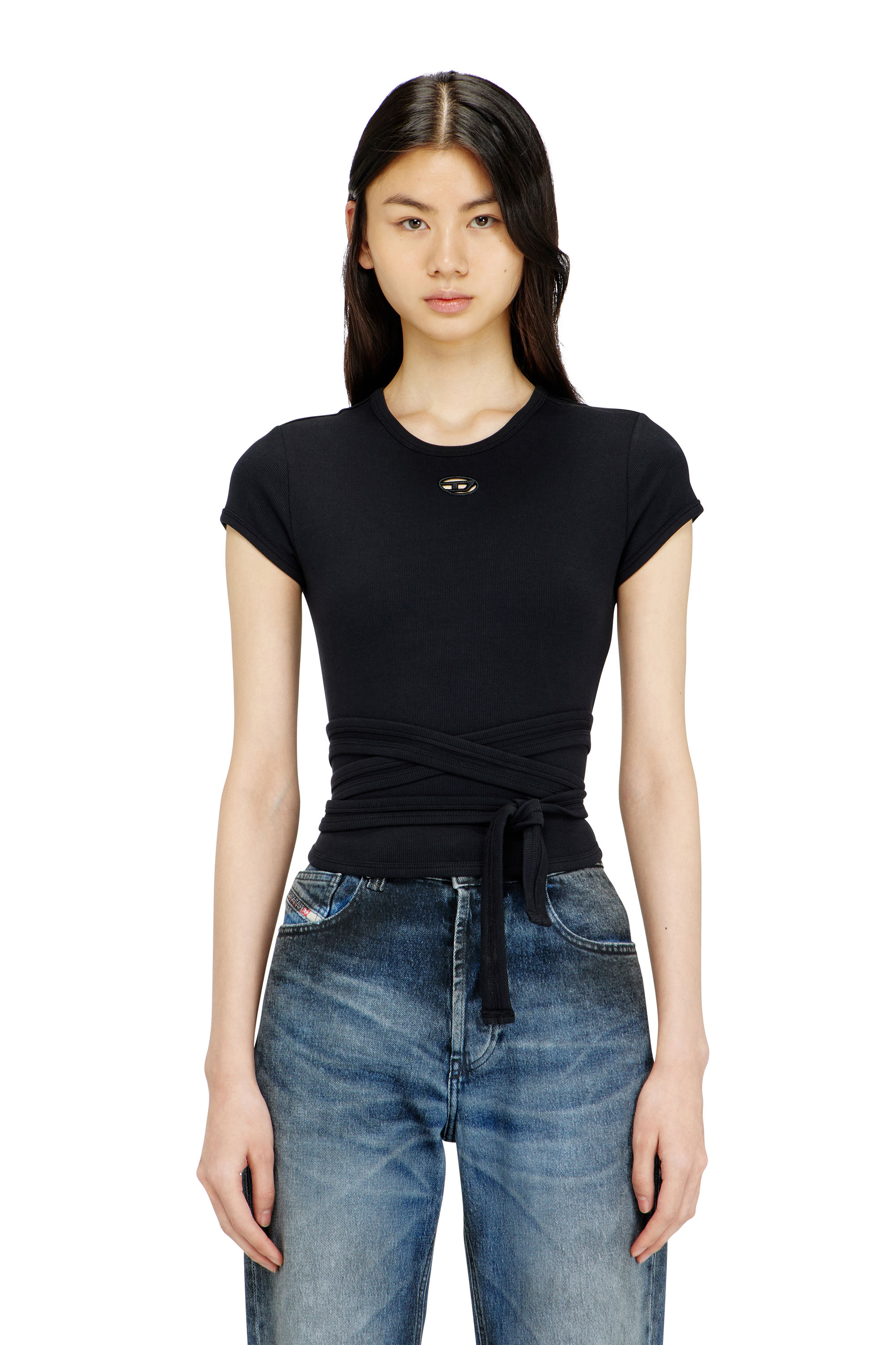 Diesel - T-BUNNY-TAIL-S1, Female's Ribbed top with wrap-around laces in ブラック - 1