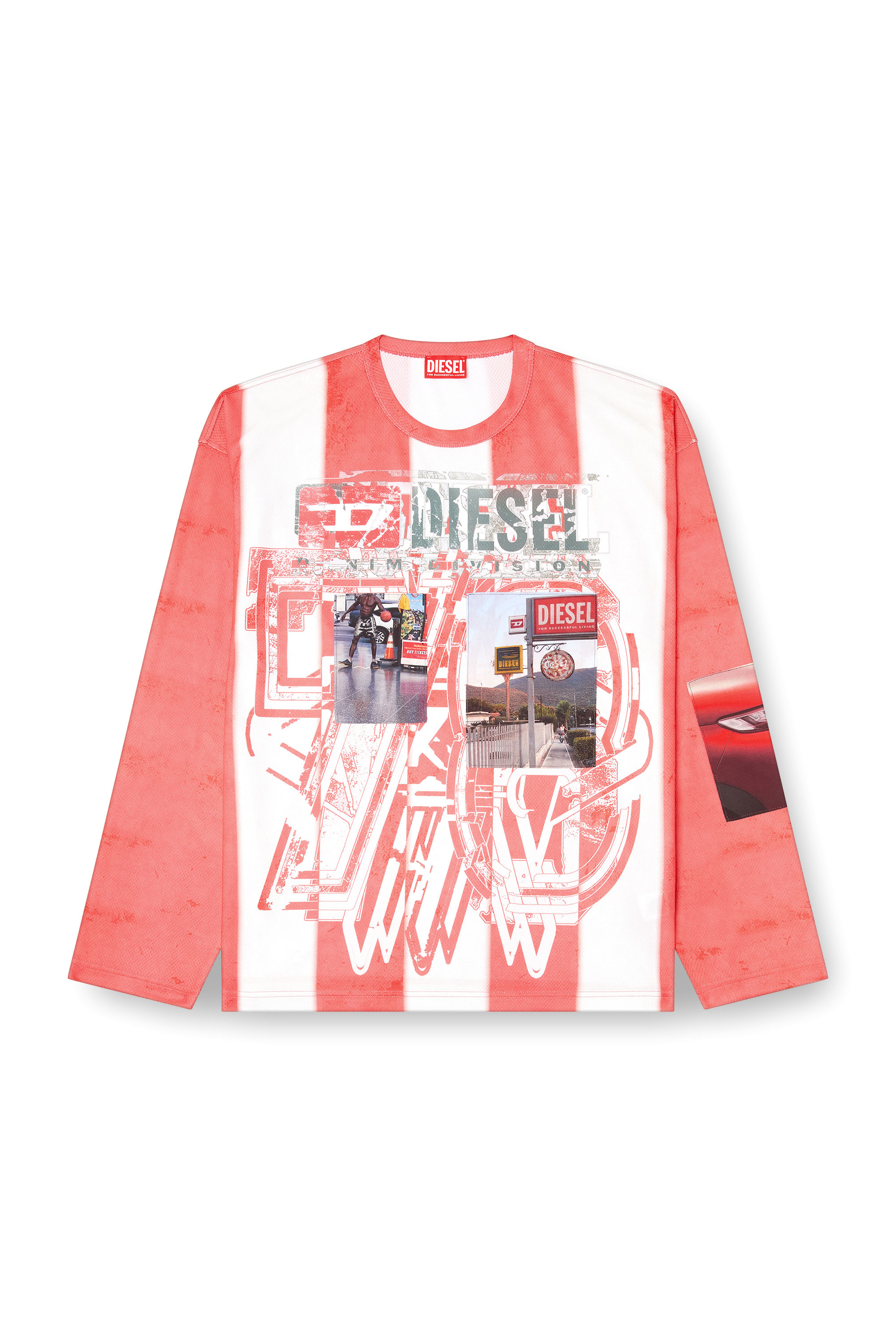 Diesel - T-RUBY, Male's Striped long-sleeve T-shirt with photo patches in レッド/ホワイト - 3