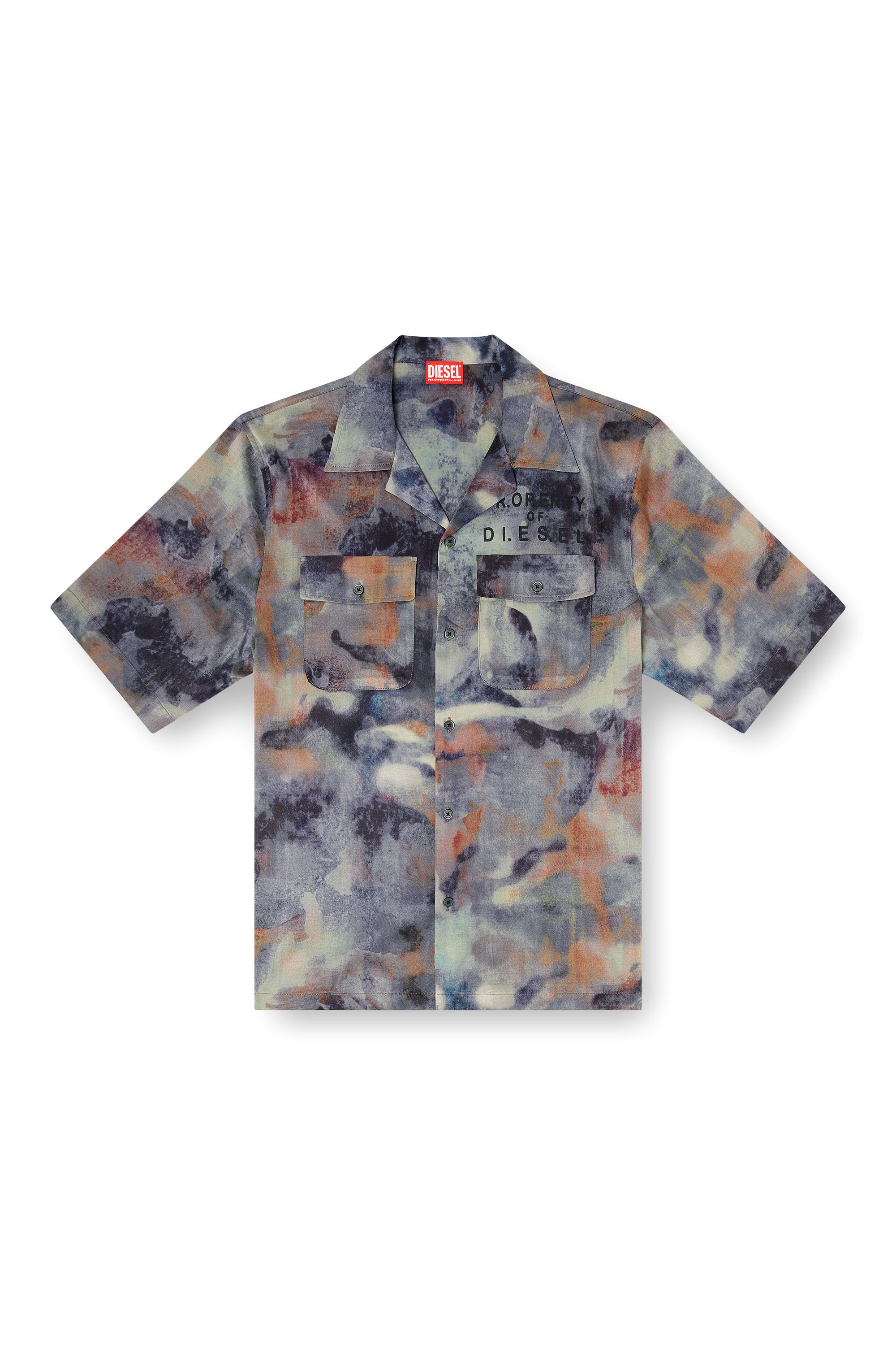 Diesel - S-BRACK-DMBN, Male's Satin shirt with all-over camo print in ブルー/ブラウン - 3