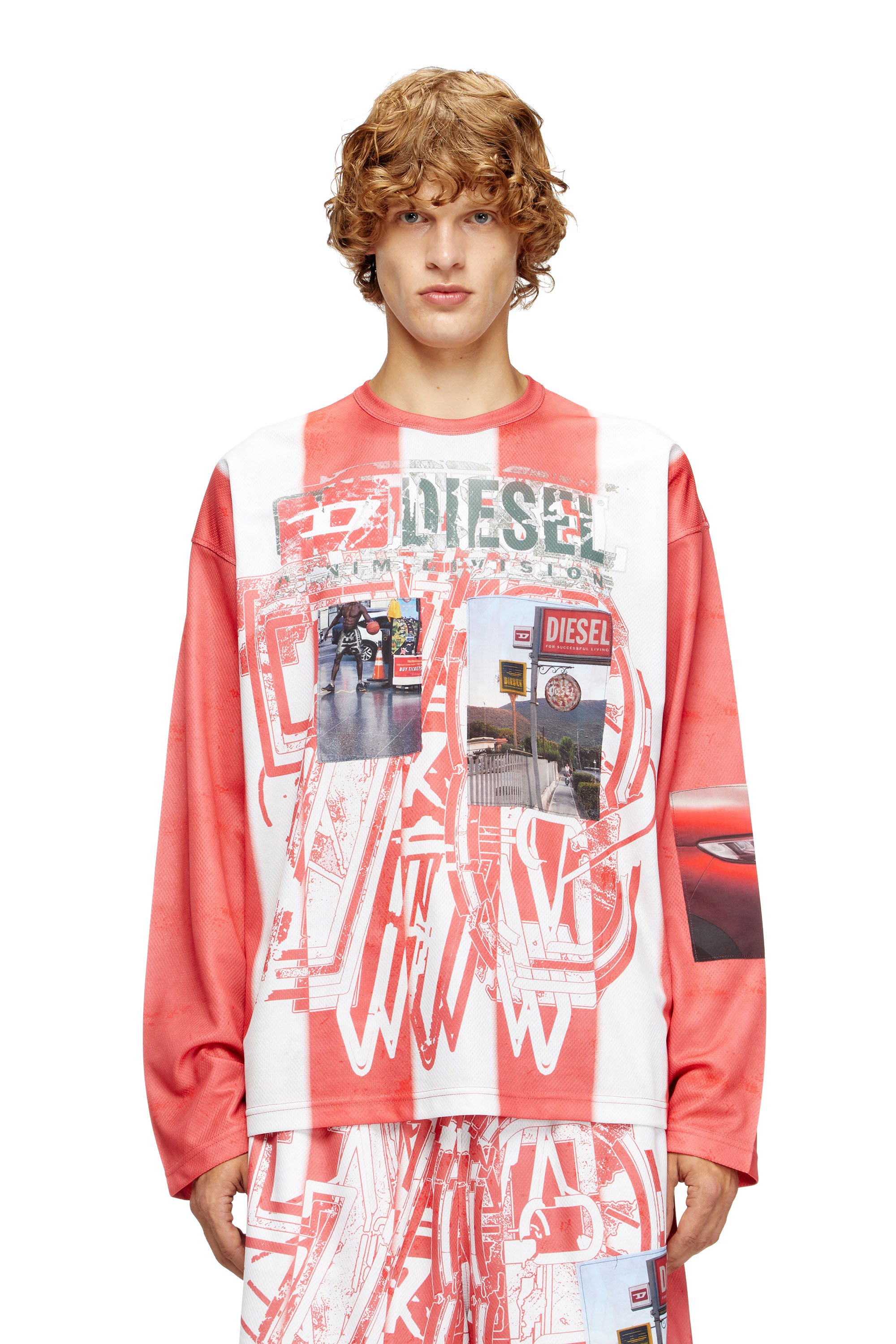 Diesel - T-RUBY, Male's Striped long-sleeve T-shirt with photo patches in レッド/ホワイト - 1