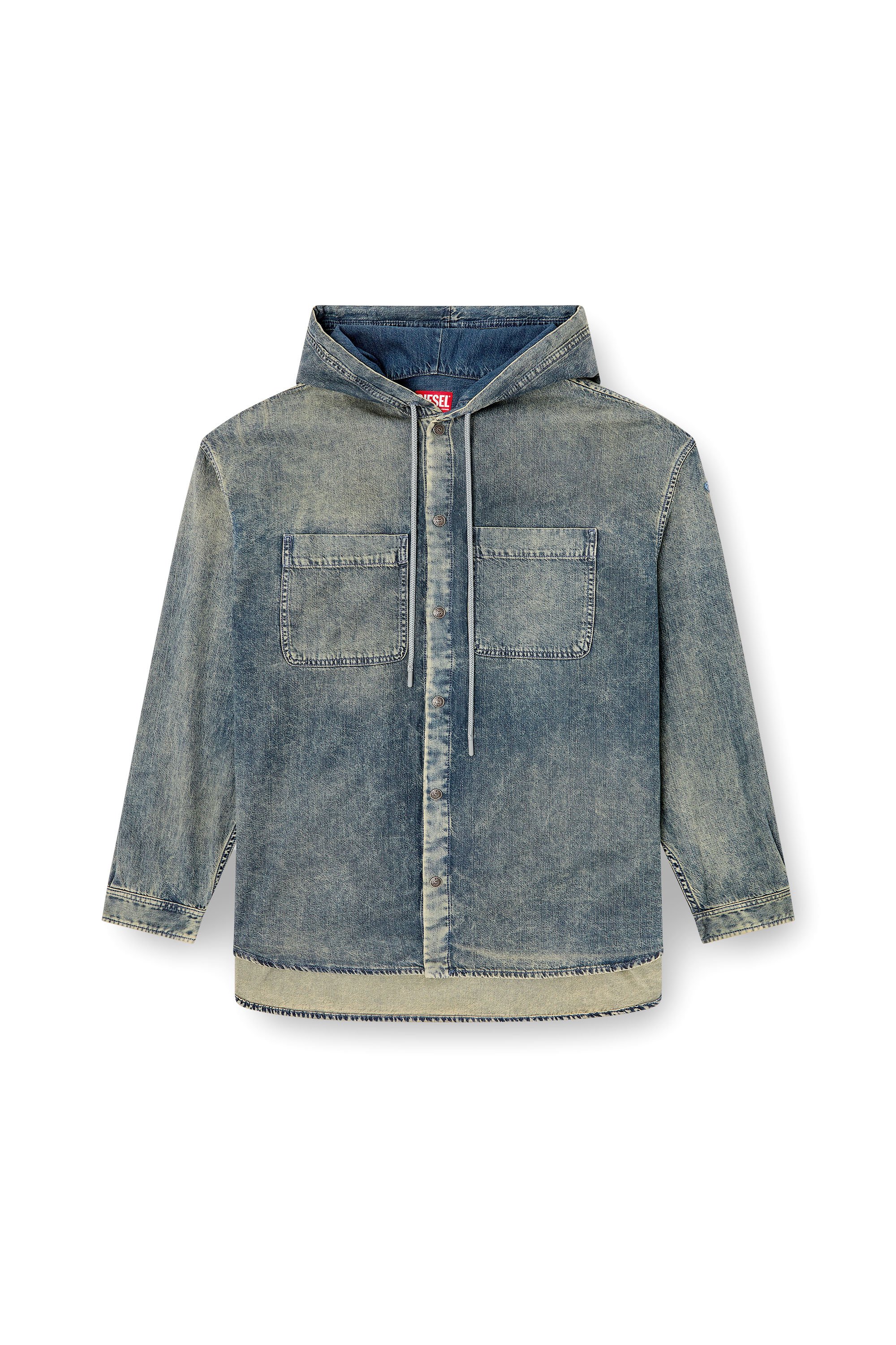 Diesel - D-DEWNY-HOOD-S2, Male's Overshirt in marbled coated denim in ミディアムブルー - 3