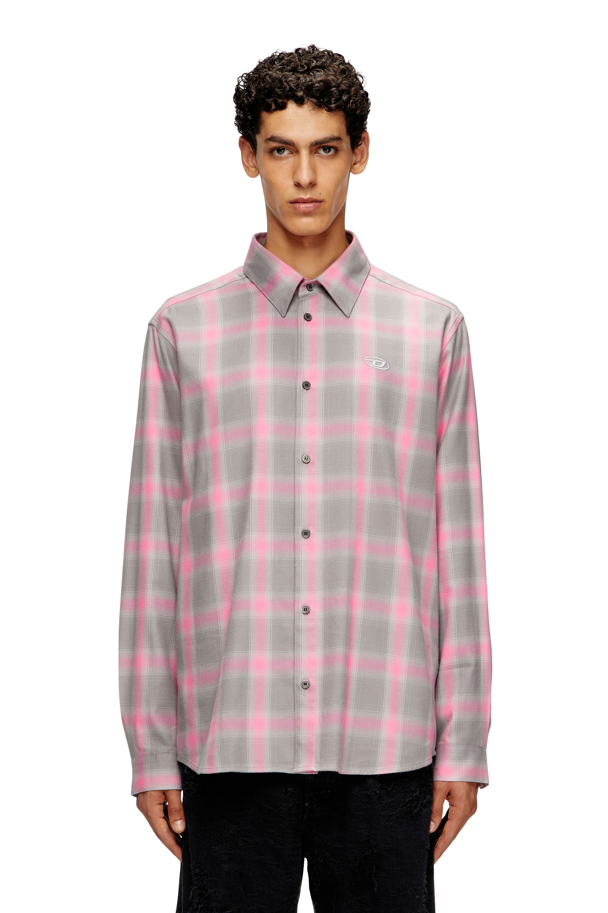 Diesel - S-SIMPLY-CHECK-HGBT, Male's 長袖シャツ in グレー/ピンク - 1