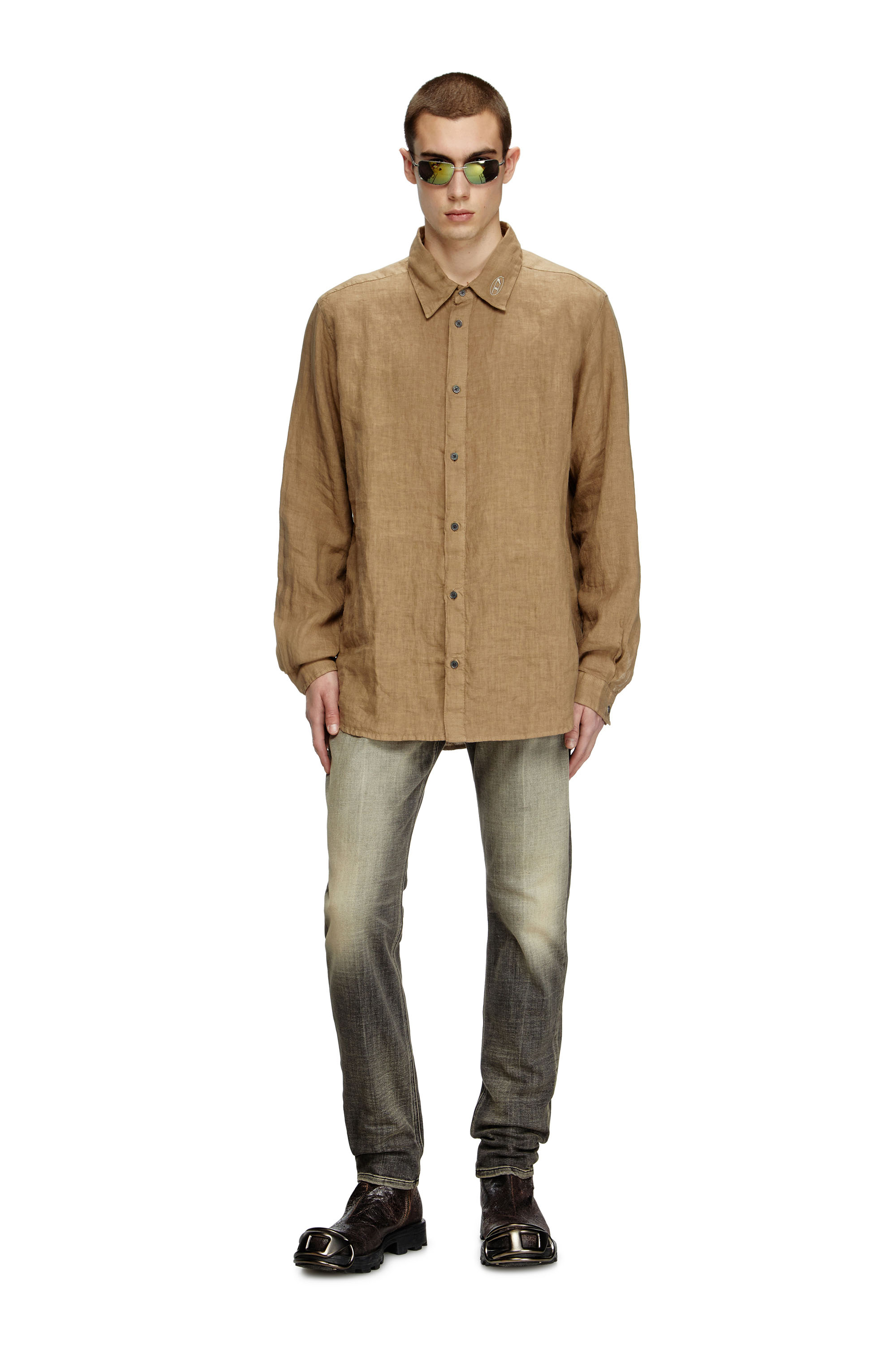 Diesel - S-WERP, Male's Linen shirt with logo collar in ブラウン - 2