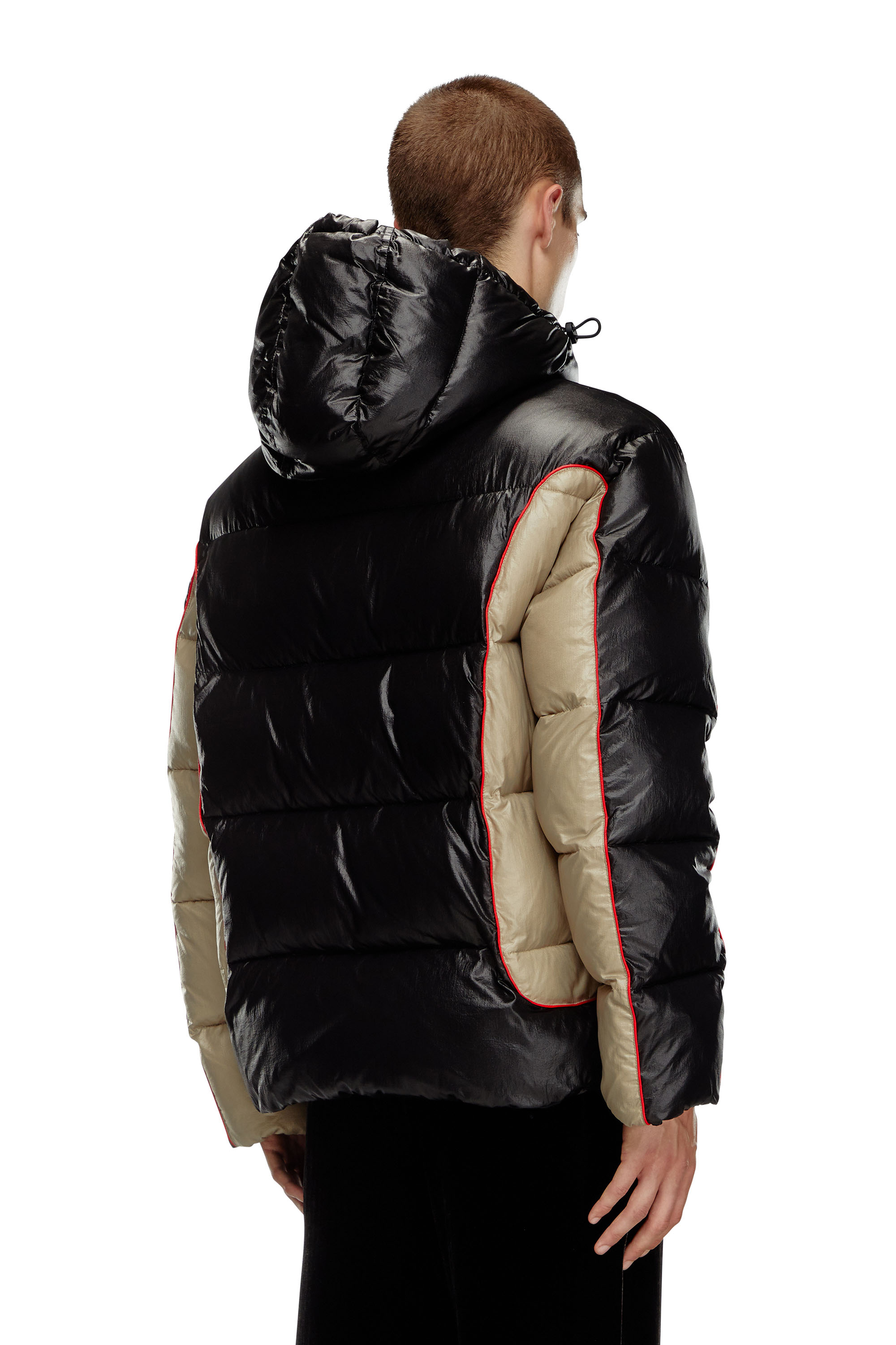 Diesel - W-OSTEND, Male's Hooded puffer jacket in shiny ripstop in ブラック/ベージュ - 5