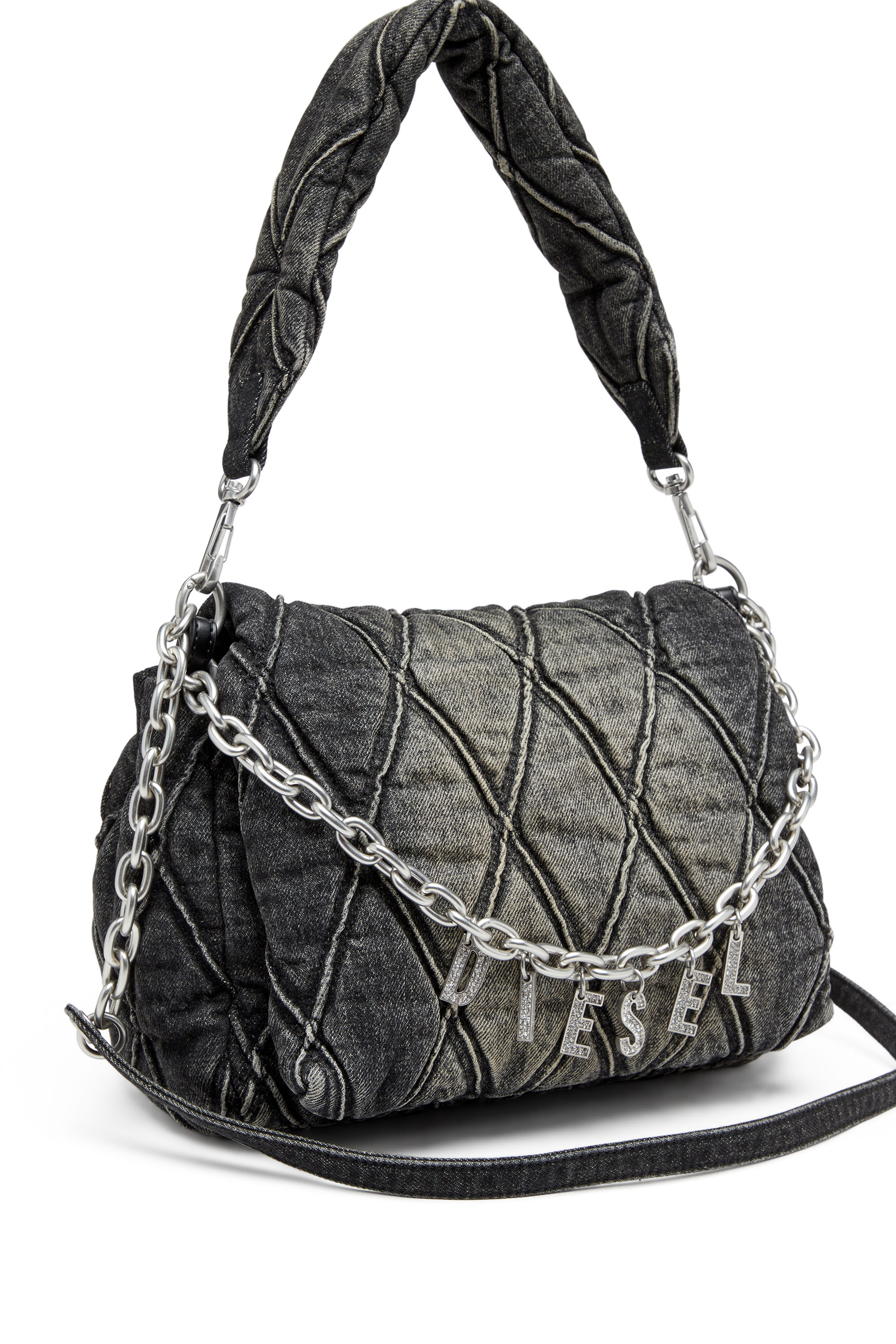 Diesel - CHARM-D SHOULDER M, Female's Charm-D M-Shoulder bag in quilted denim in ブラック - 6