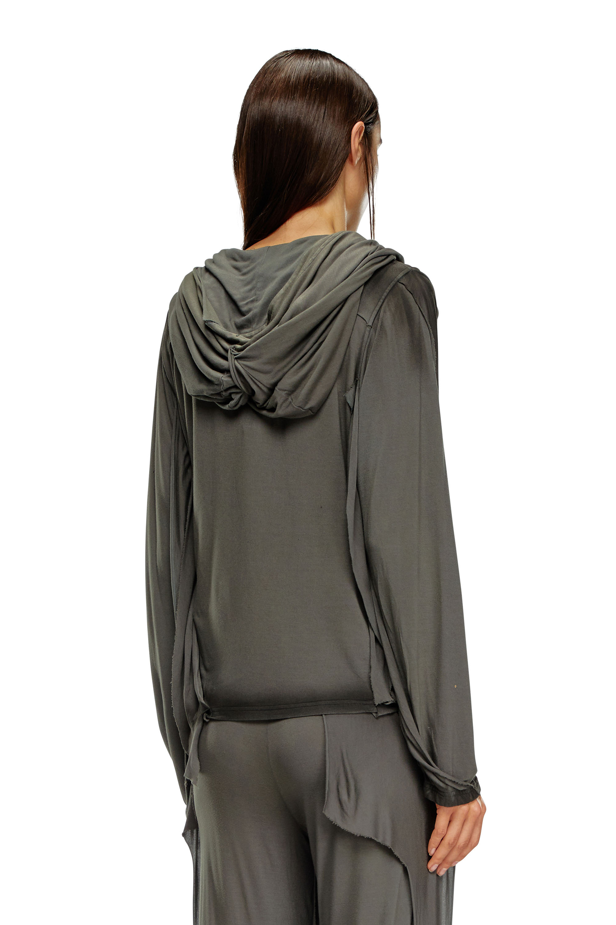 Diesel - T-AGO, Female's Destroyed hooded top in layered jersey in ダークグレー - 4