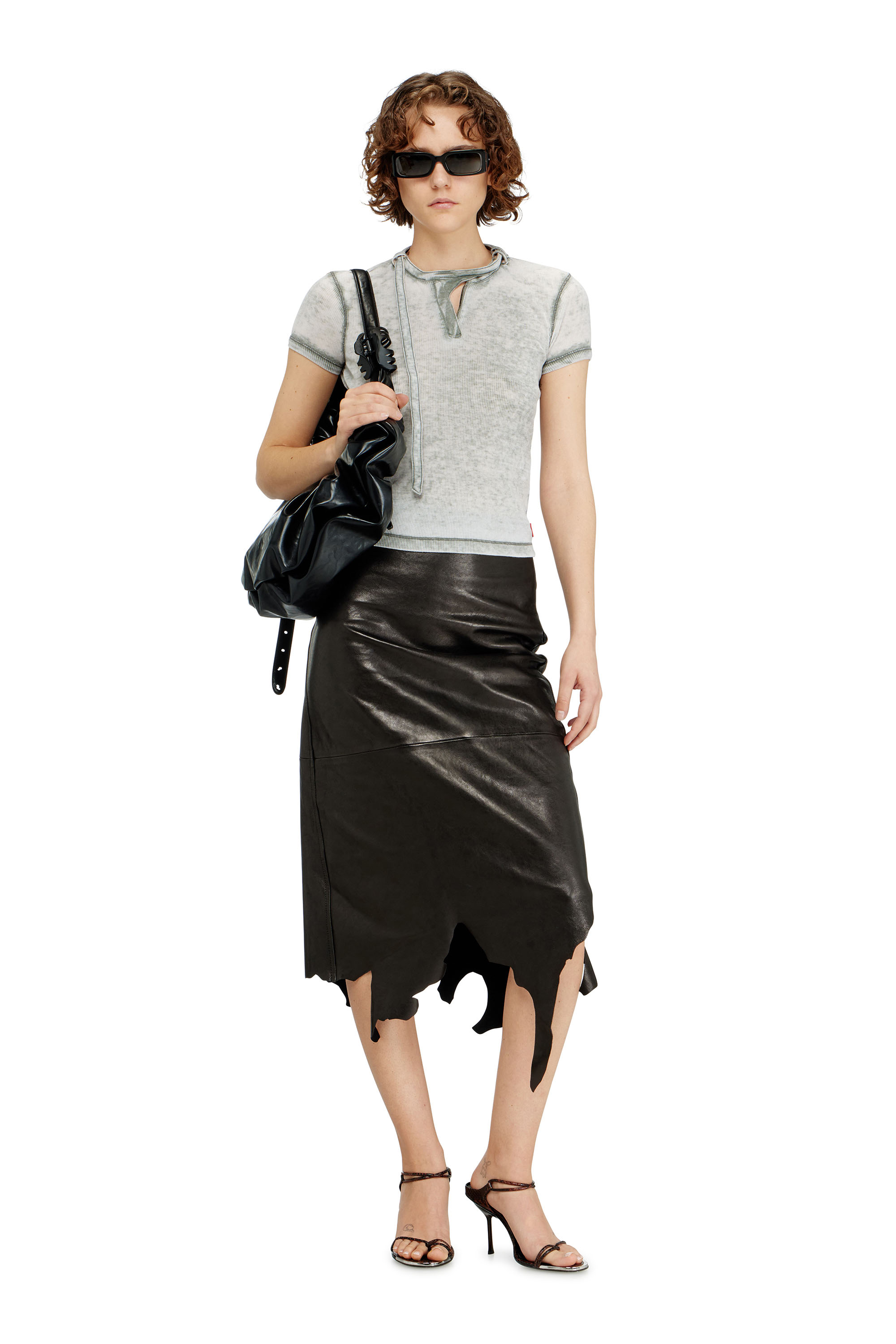 Diesel - T-ERESA, Female's Rib-jersey top with biker neck strap in グレー - 1