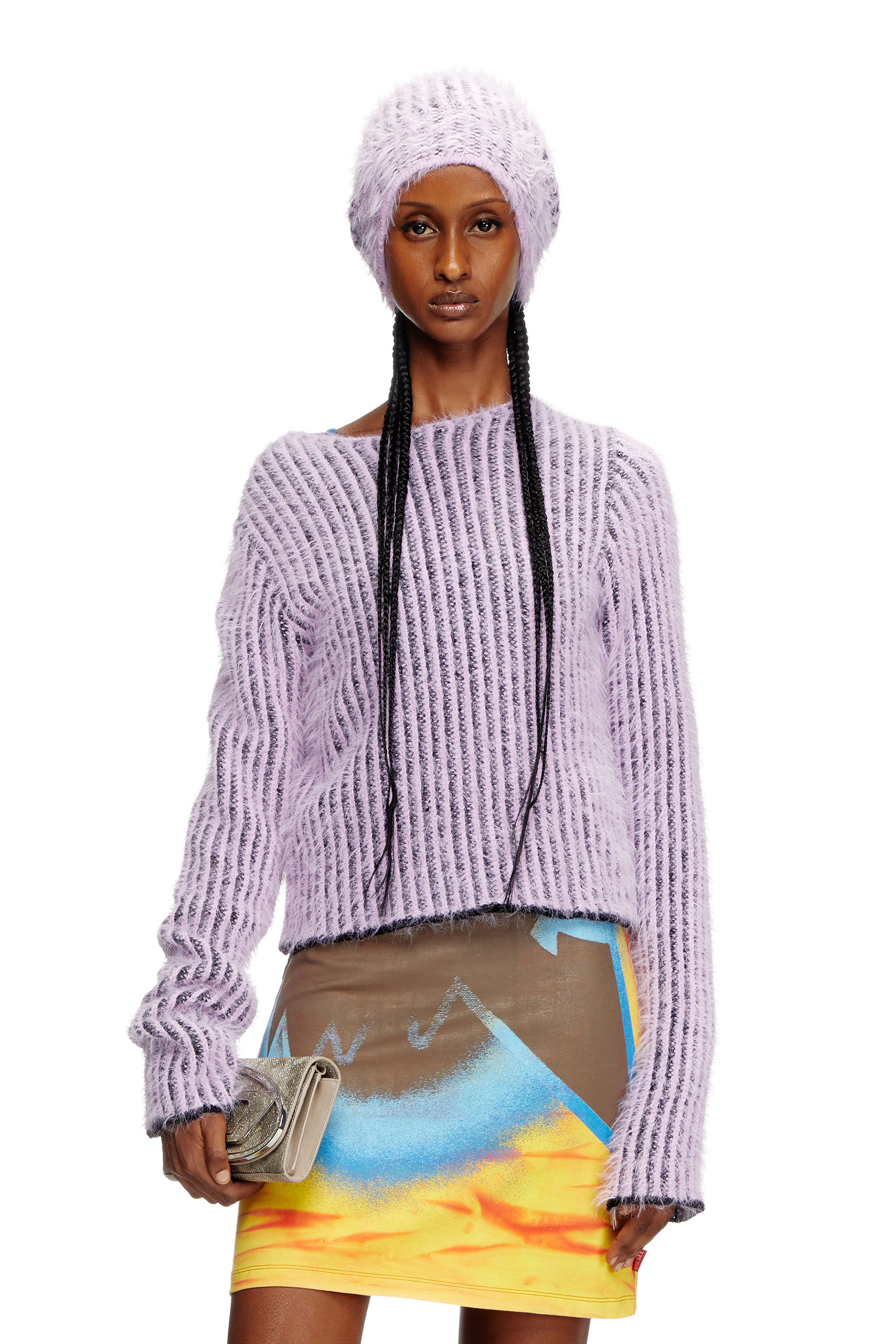 Diesel - M-TIGRE, Female's Fuzzy striped wool-blend jumper in ライラック - 1