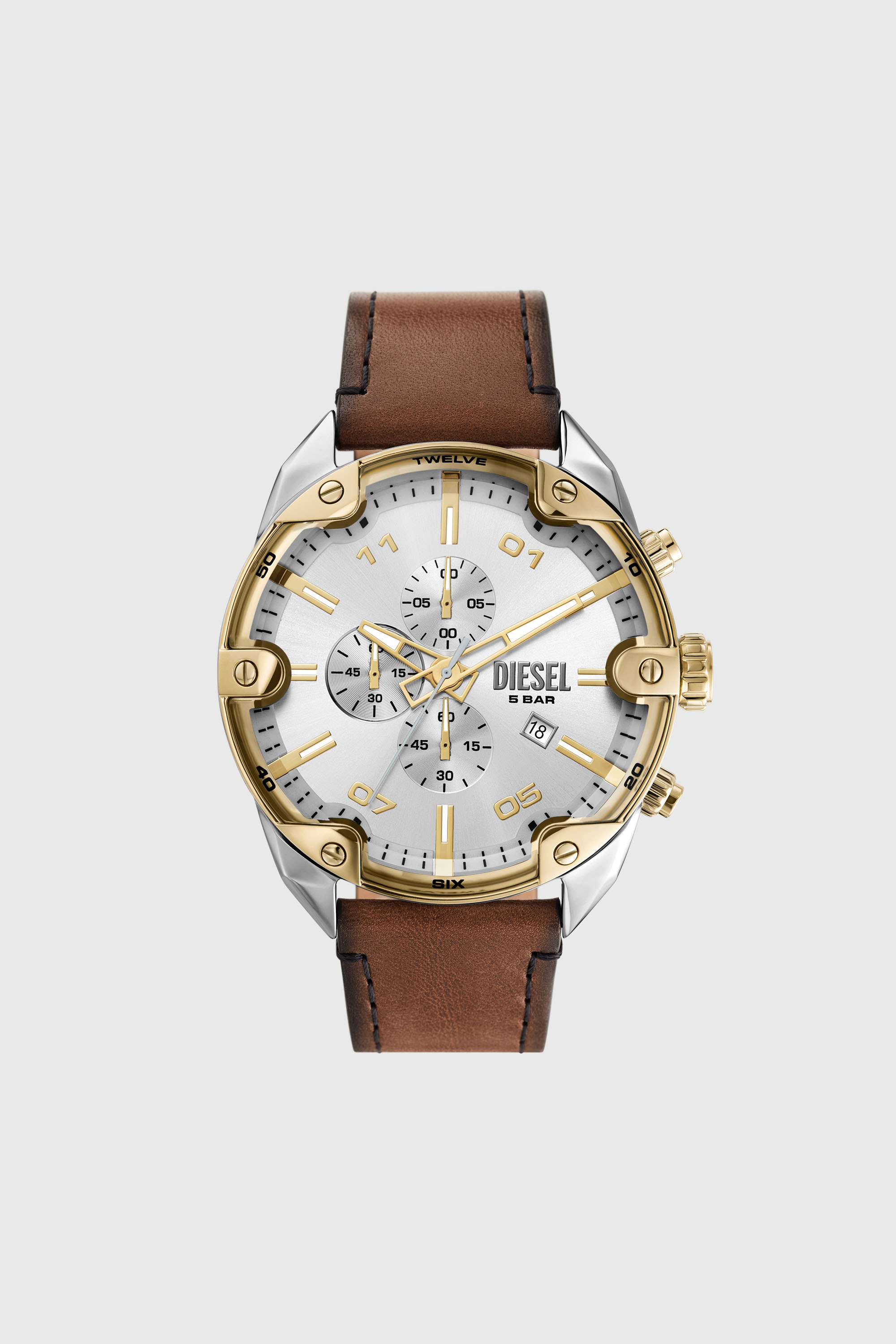 Diesel - DZ4665, Male's Spiked chronograph brown leather watch in Brown - 1