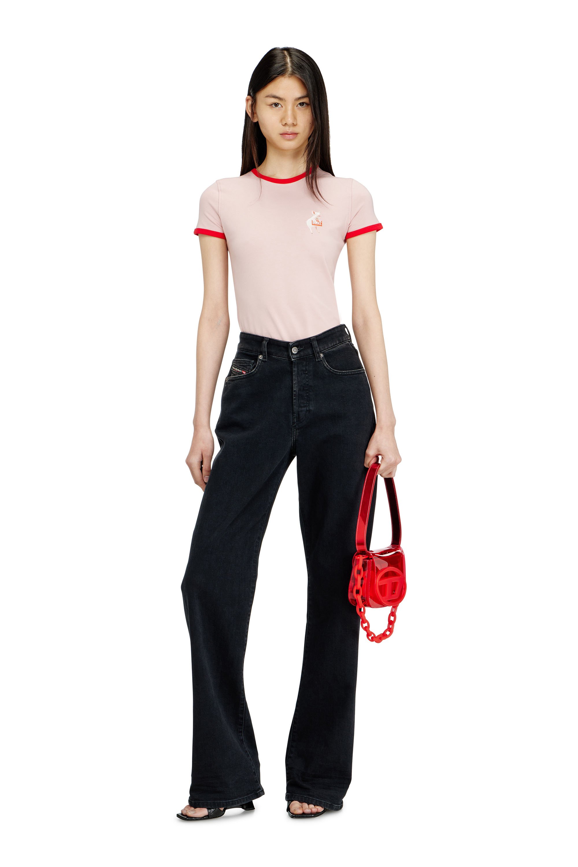 Diesel - T-UNCUTIES-LONG-S12, Female's Slim T-shirt with pig print in ピンク / ホワイト - 1