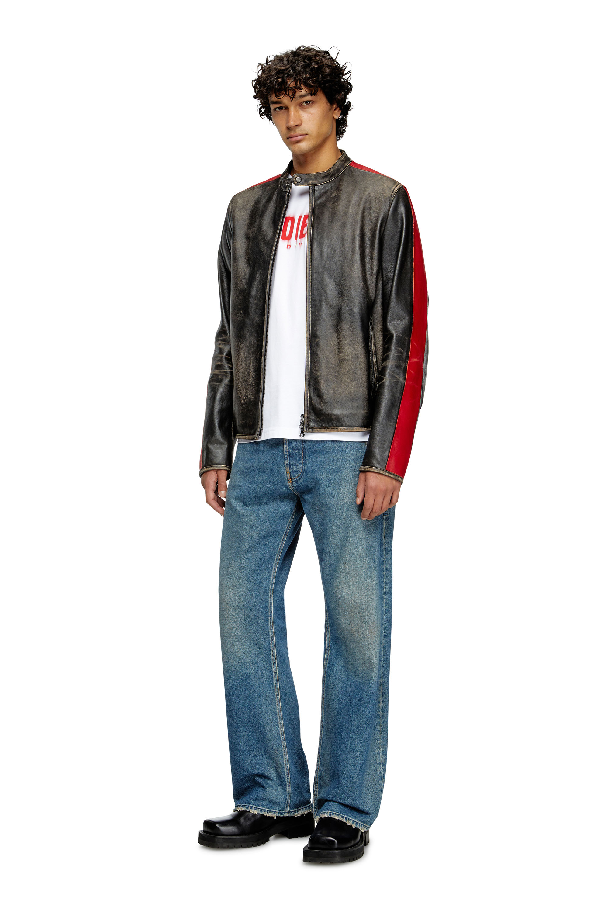 Diesel - L-RENN, Male's Leather jacket with contrasting stripes in ブラック/レッド - 1