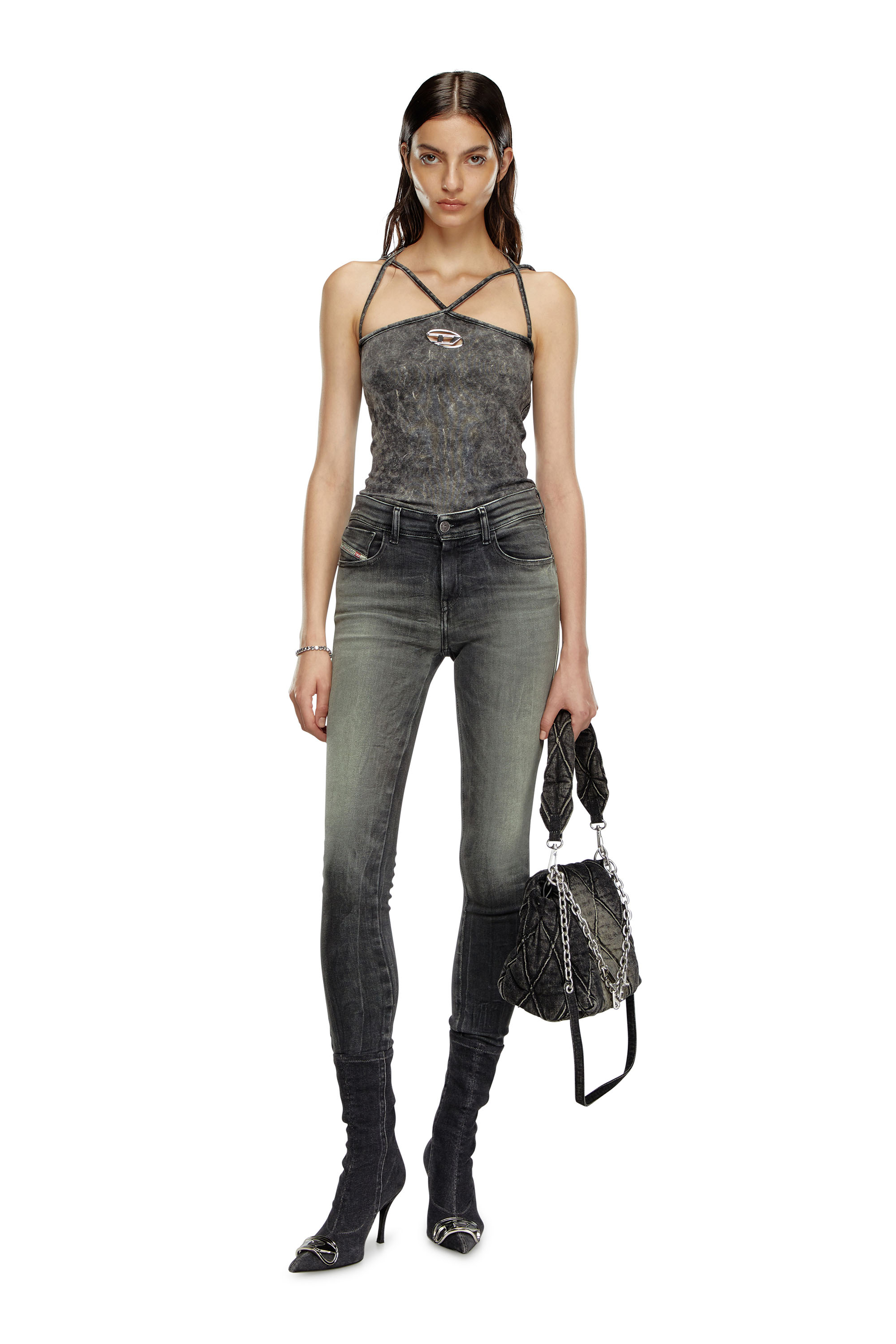 Diesel - T-MARYN, Female's Ribbed halterneck with cross-over straps in グレー - 1