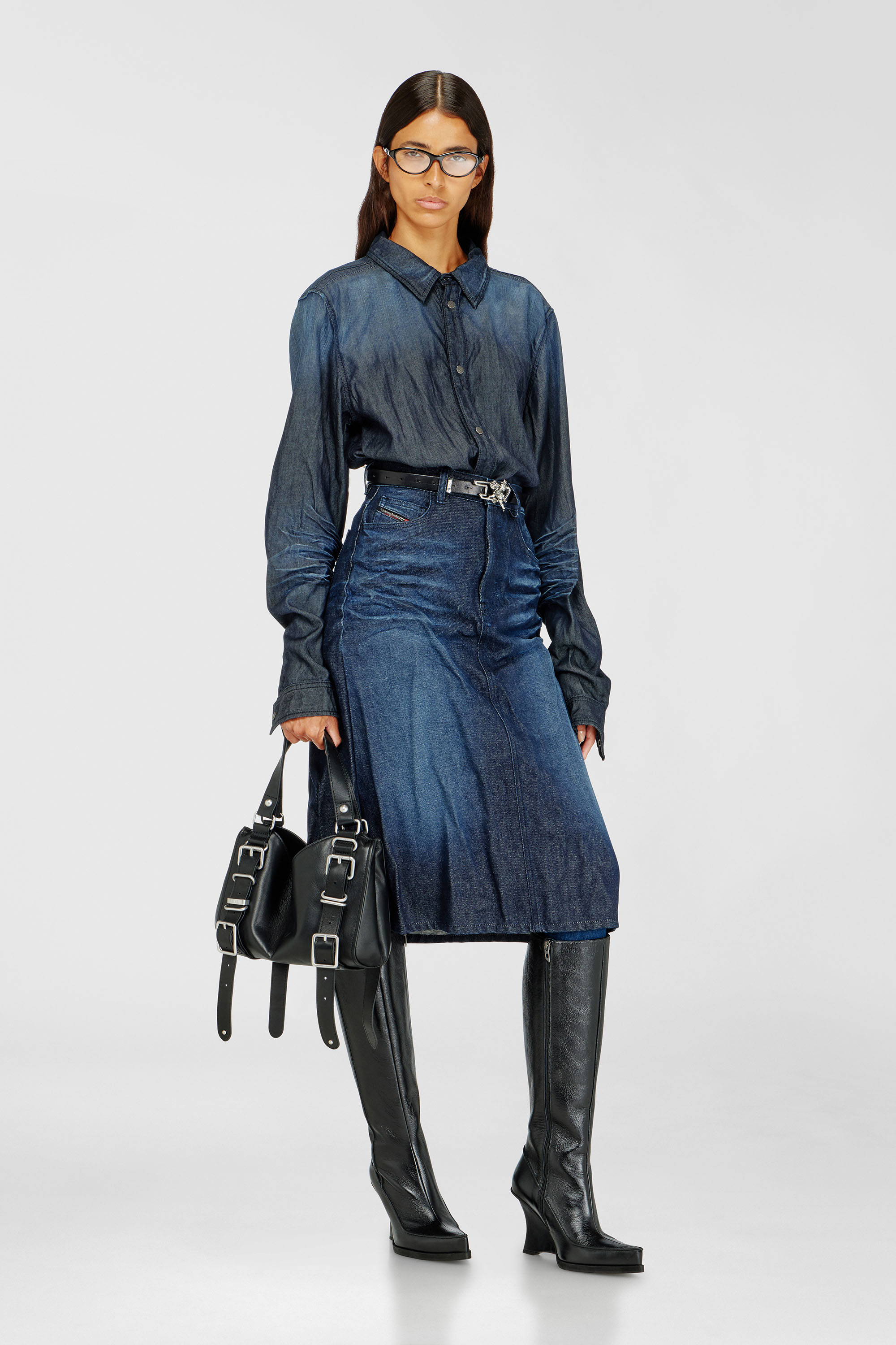Diesel - DE-IRTI-FSJ, Female's Midi skirt in creased denim in ダークブルー - 1