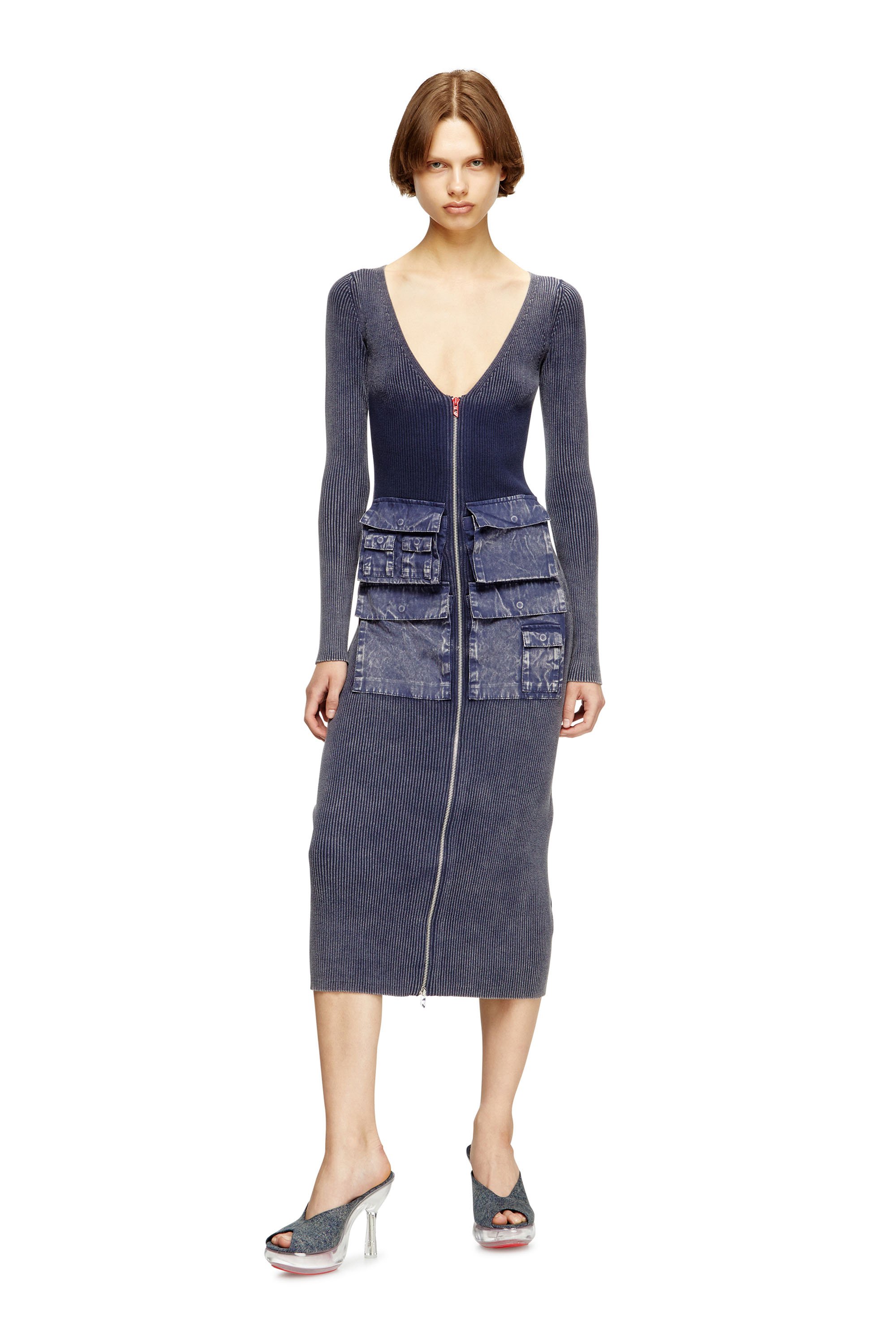 Diesel - M-MELTI-LS, Female's Ribbed midi dress with denim treatment in ブルー - 2