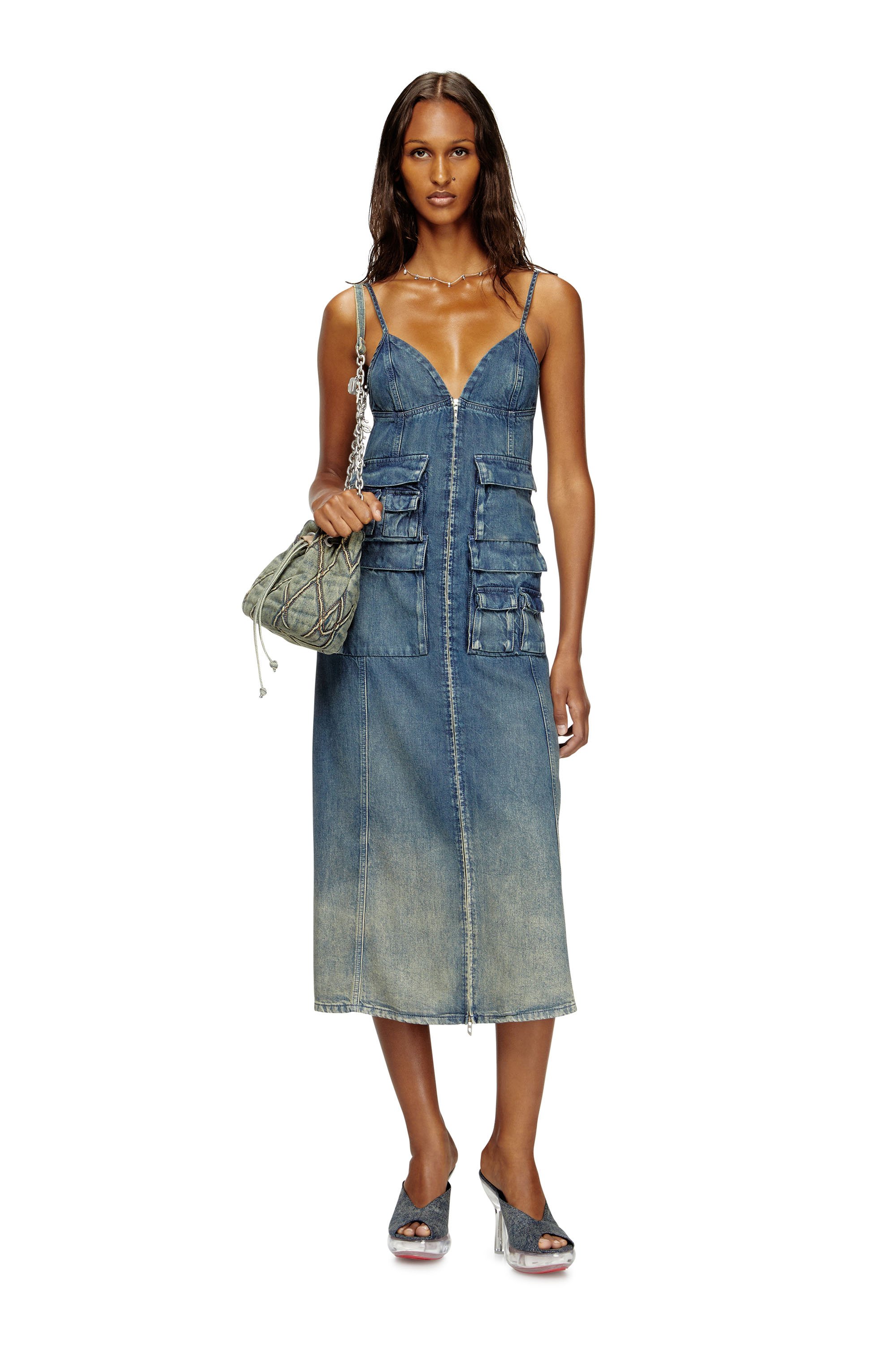 Diesel - DE-MELVI-S, Female's Dress in fluid laser-worn denim in ミディアムブルー - 1