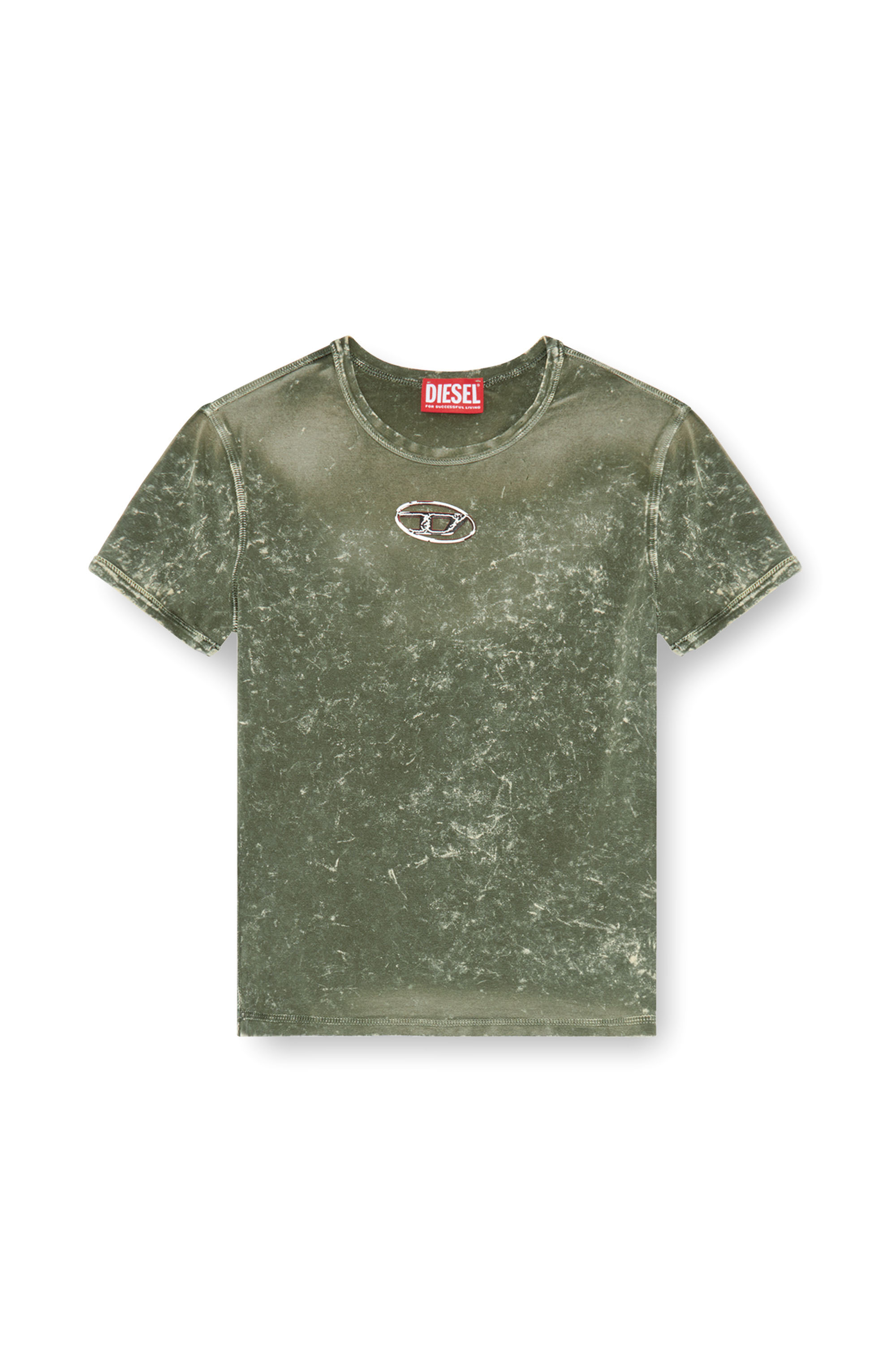 Diesel - T-UNCUTIES-P1, Female's Marble-effect T-shirt in stretch jersey in オリーブグリーン - 3