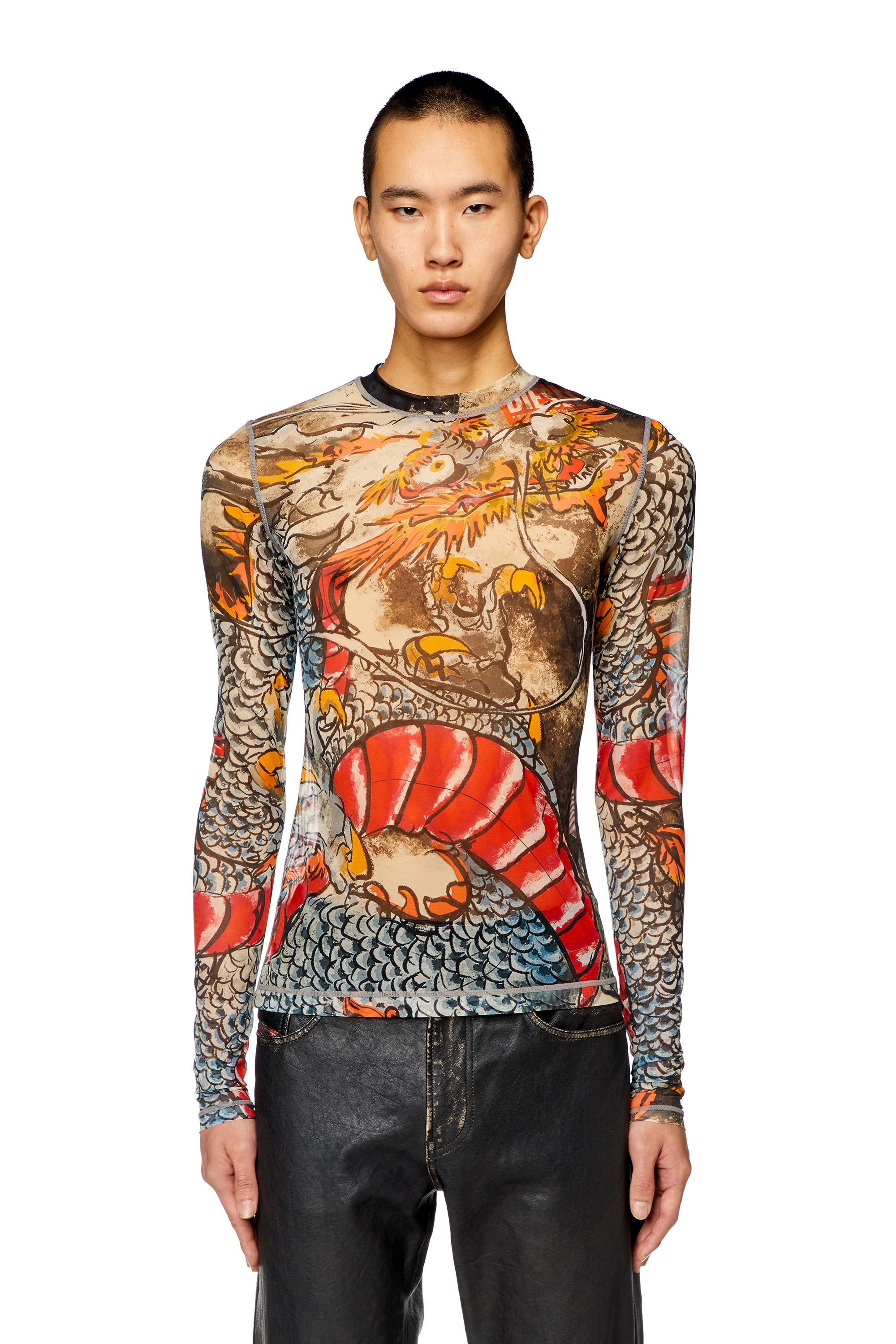 Diesel - CL-T-SIELAR-DRAGON, Unisex's Mesh top with Dragon print in ベージュ/レッド - 4