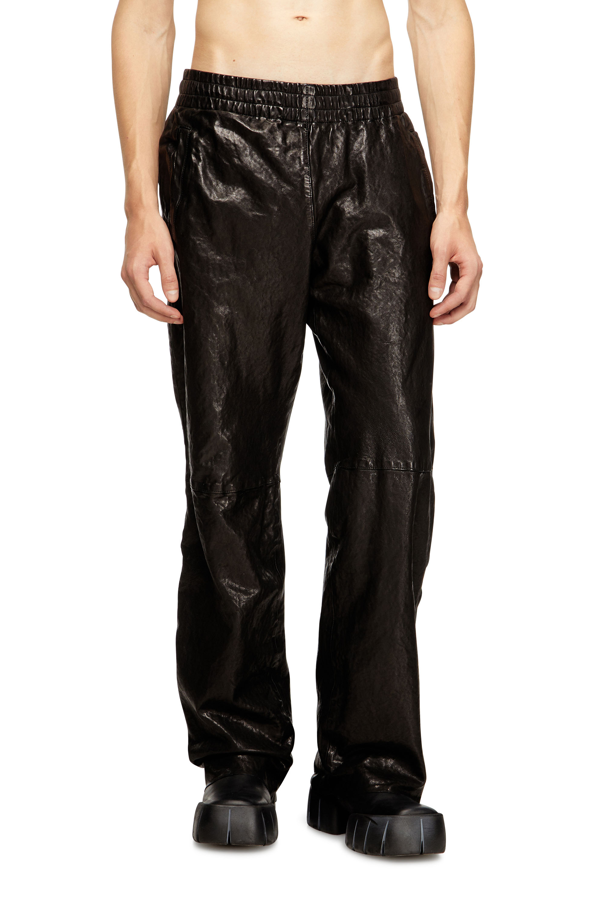 Diesel - P-BRU, Male's Elasticated pants in boiled leather in ブラック - 1