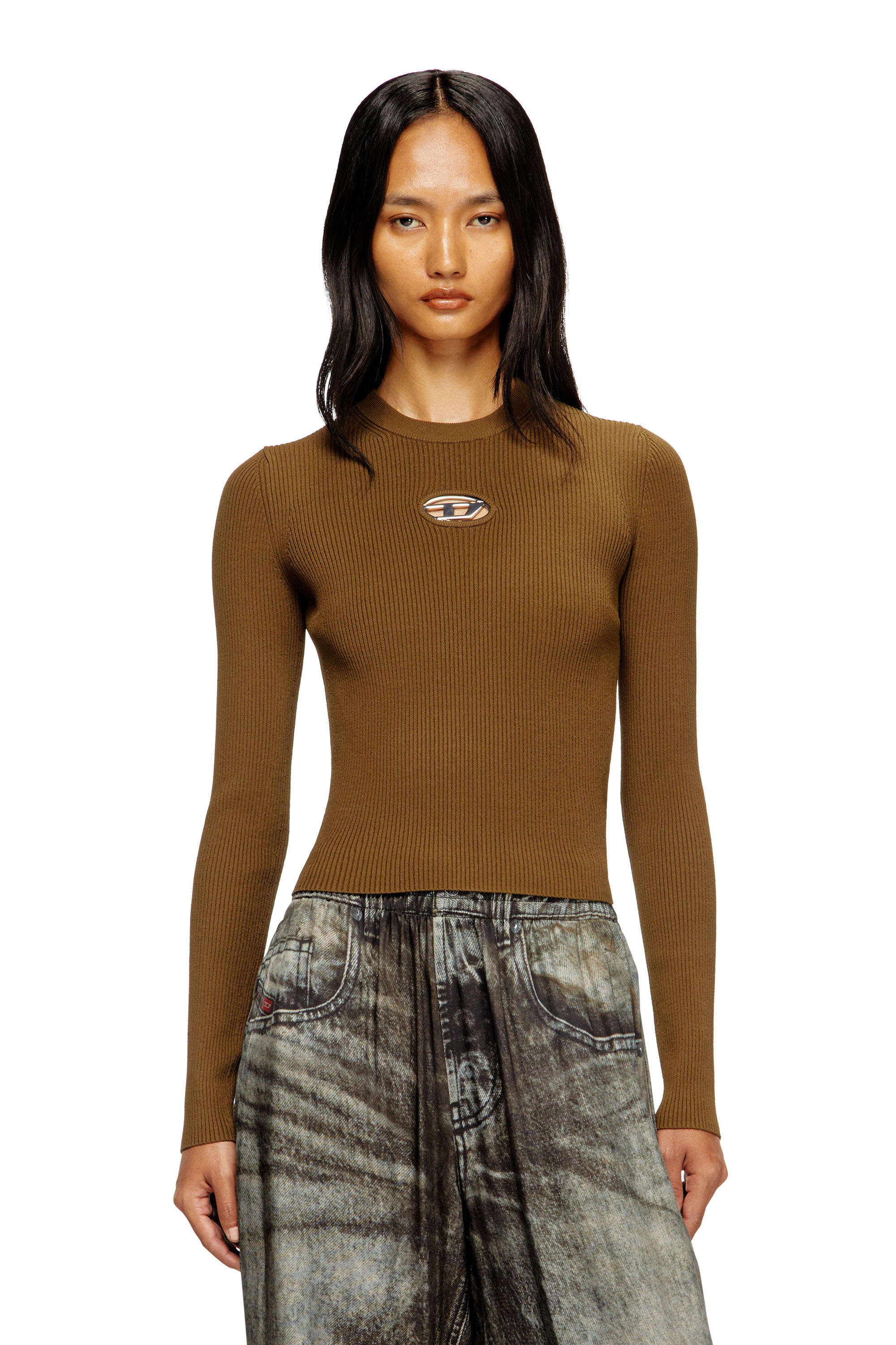Diesel - M-VALARI, Female's Rib-knit viscose-blend top with Oval D in グリーン - 1