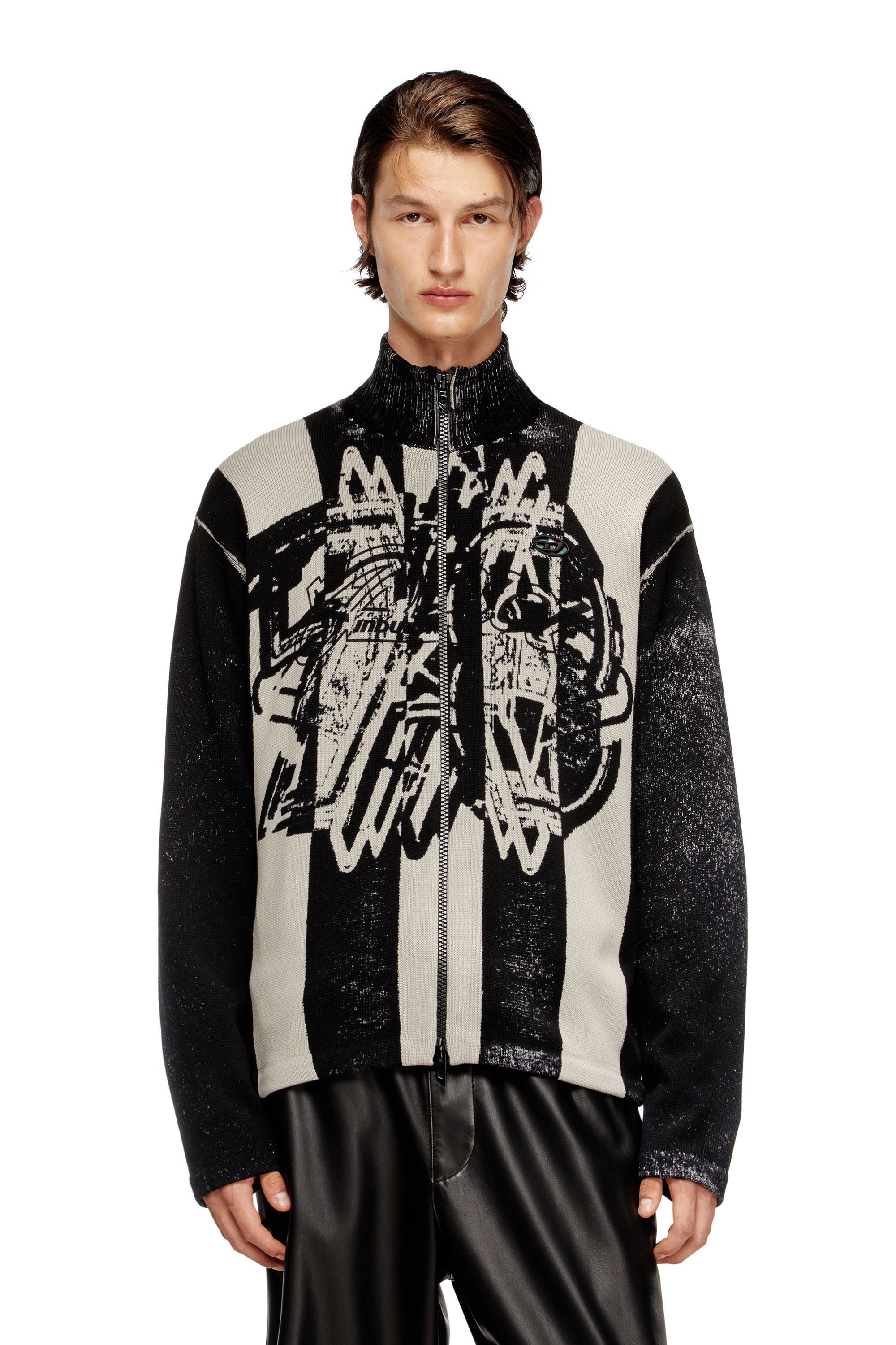 Diesel - K-OLIBA-JKT, Male's Inside-print striped zipped cardigan in ブラック/ホワイト - 1