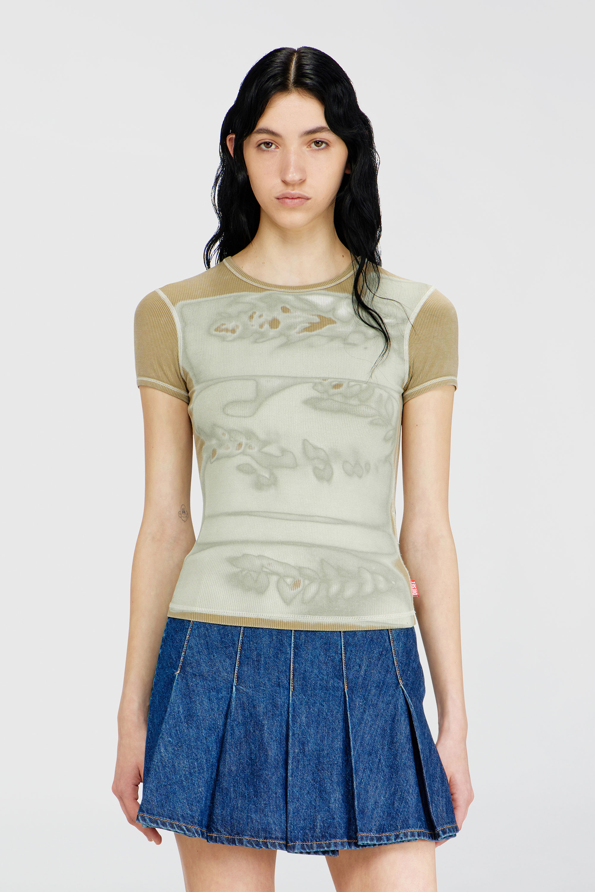 Diesel - T-ELE-LONG-AA1, Female's 半袖トップ in ベージュ/グリーン - 3