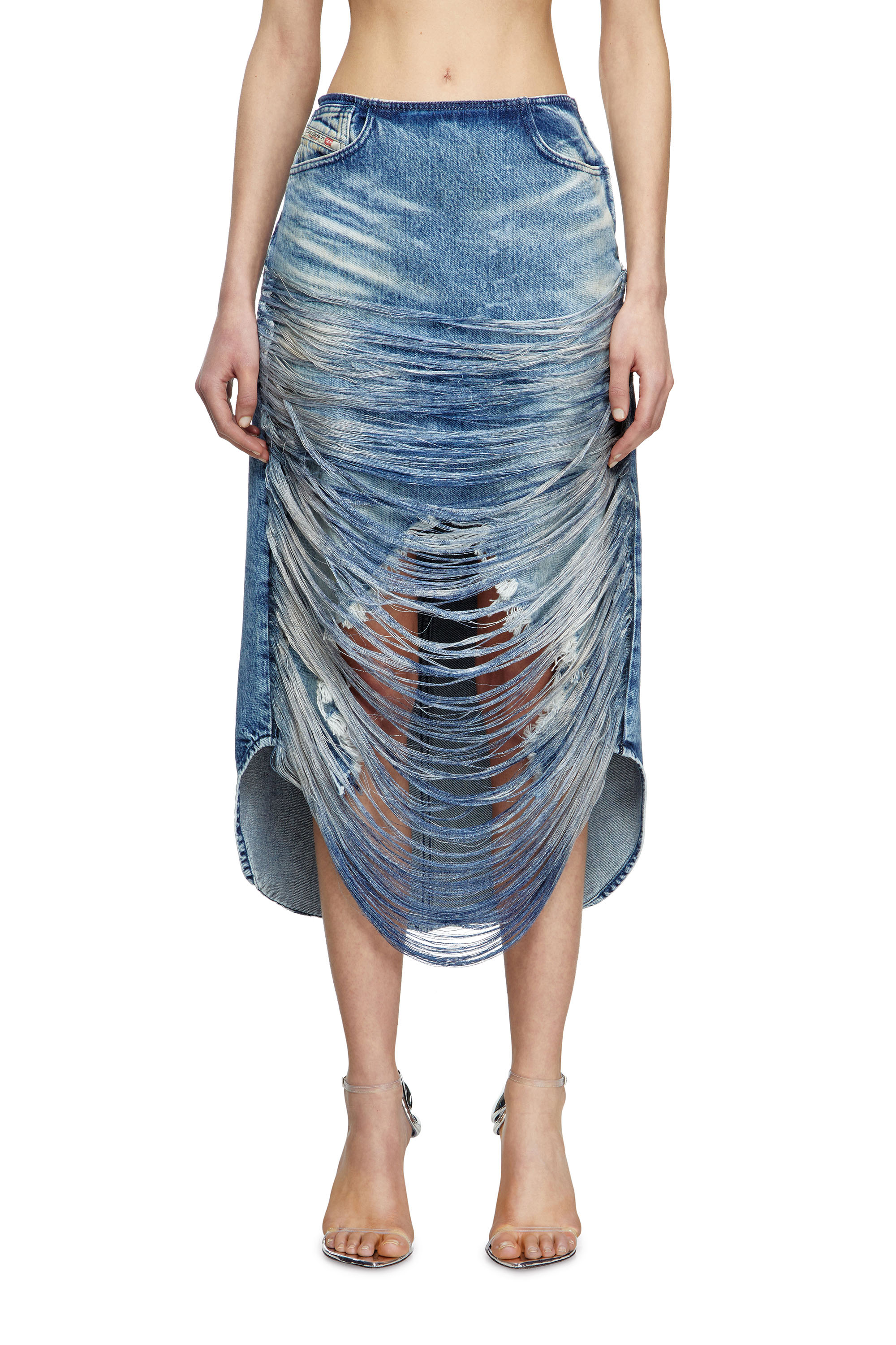 Diesel - DE-PLUMY-FSG, Female's Midi skirt in distressed fringed denim in ミディアムブルー - 3