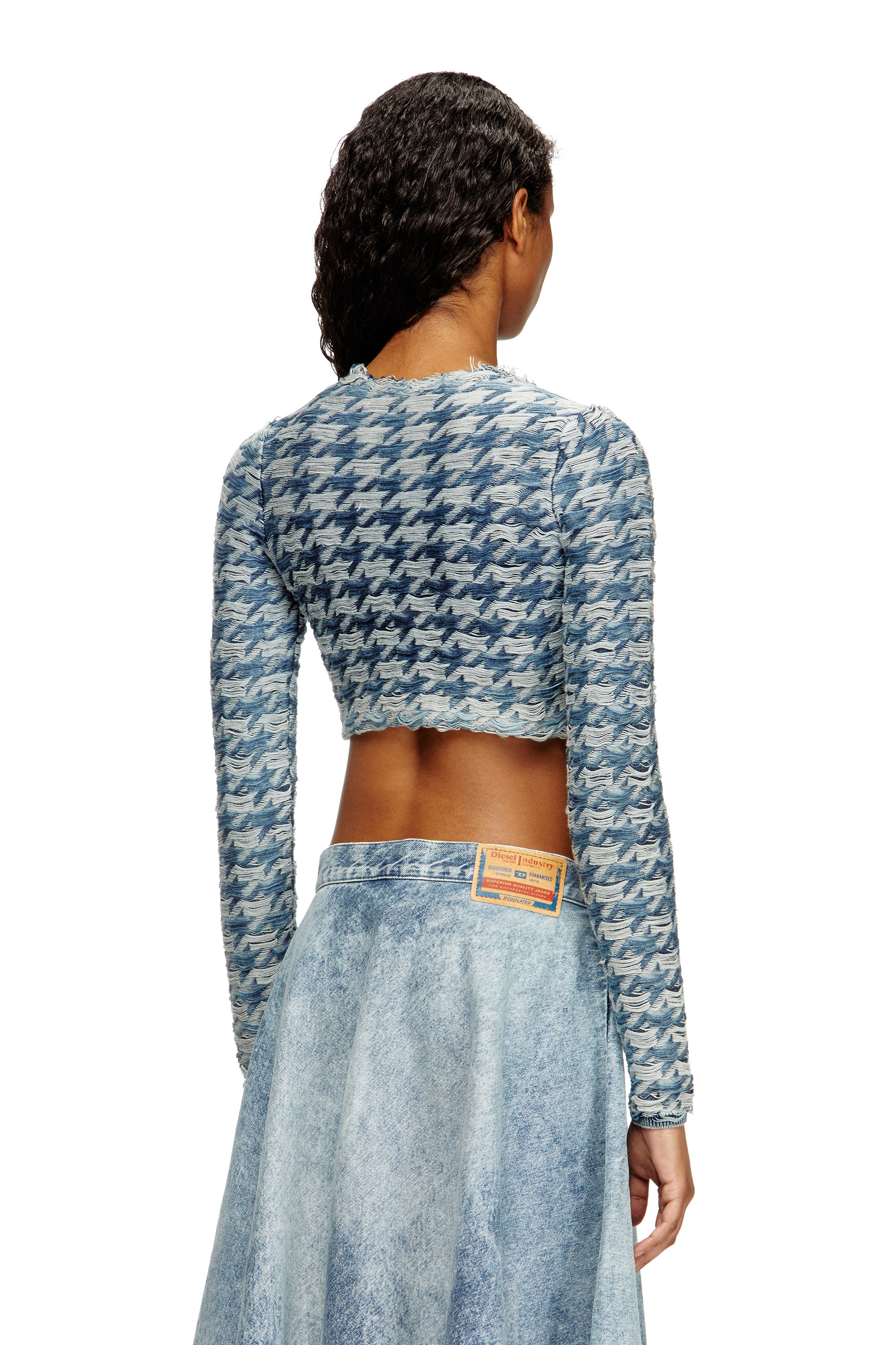 Diesel - M-HELLA, Female's Crop cardigan in denim-look houndstooth jacquard in ブルー - 4