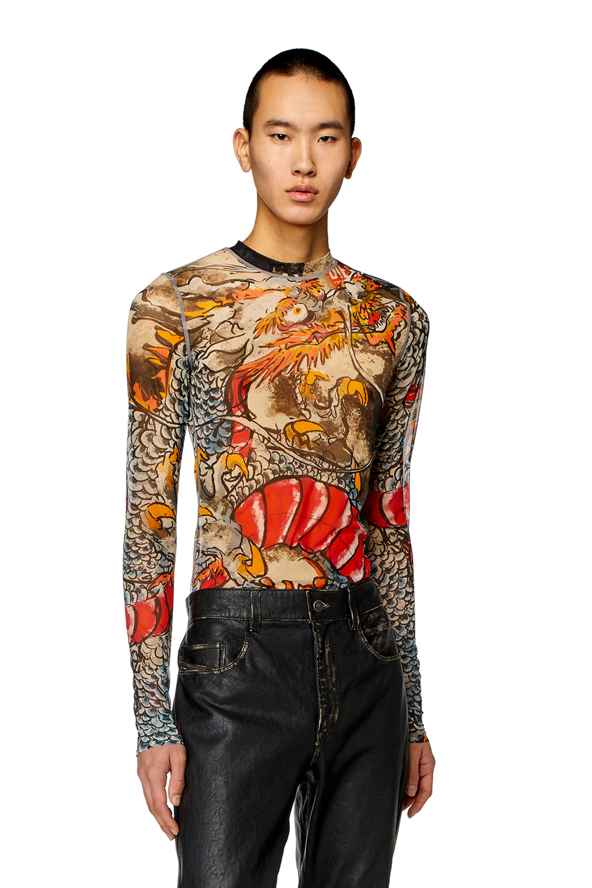 Diesel - CL-T-SIELAR-DRAGON, Unisex's Mesh top with Dragon print in ベージュ/レッド - 1