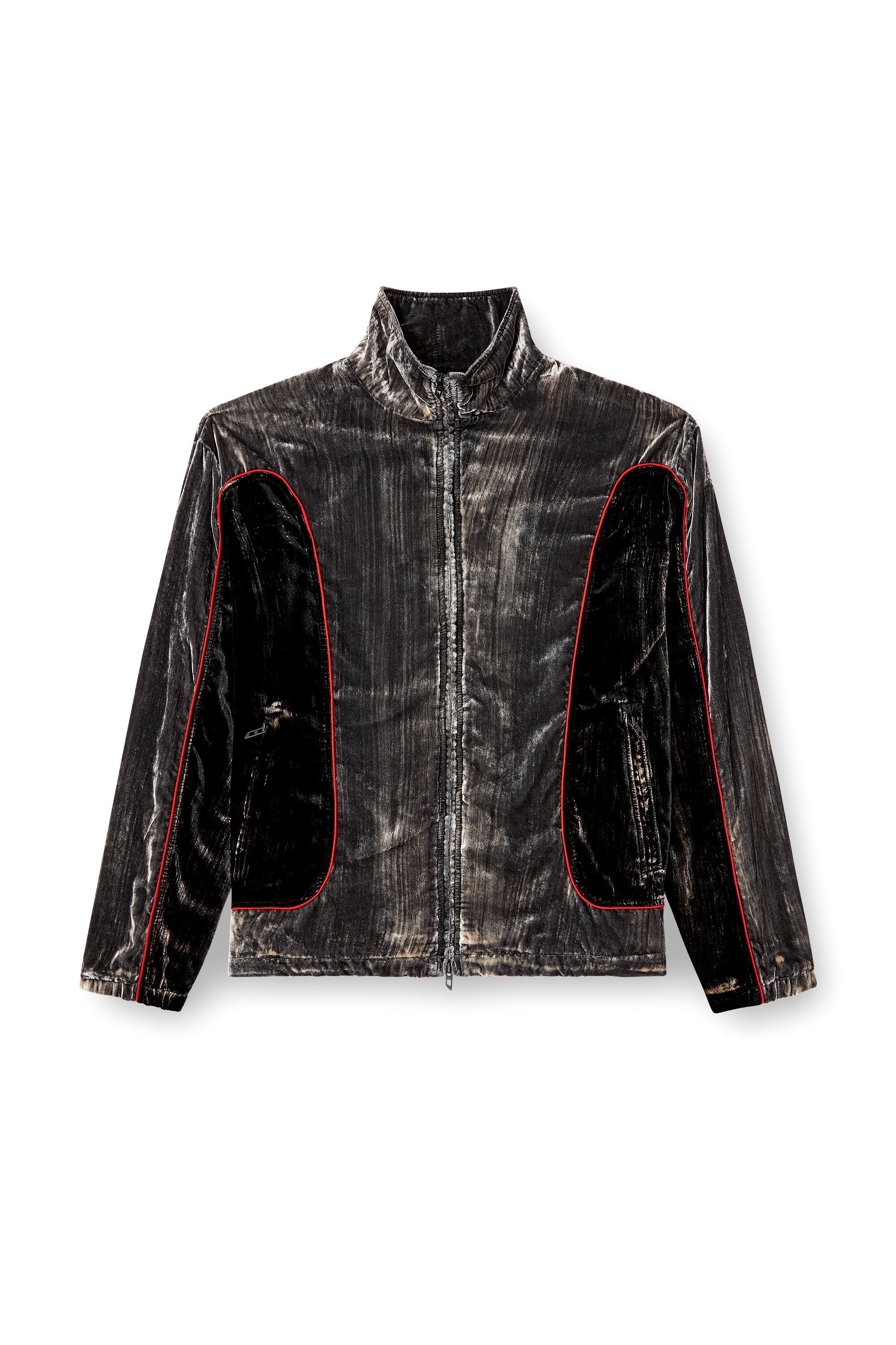 Diesel - J-HAY, Male's Track jacket in treated velvet in ブラック/レッド - 3