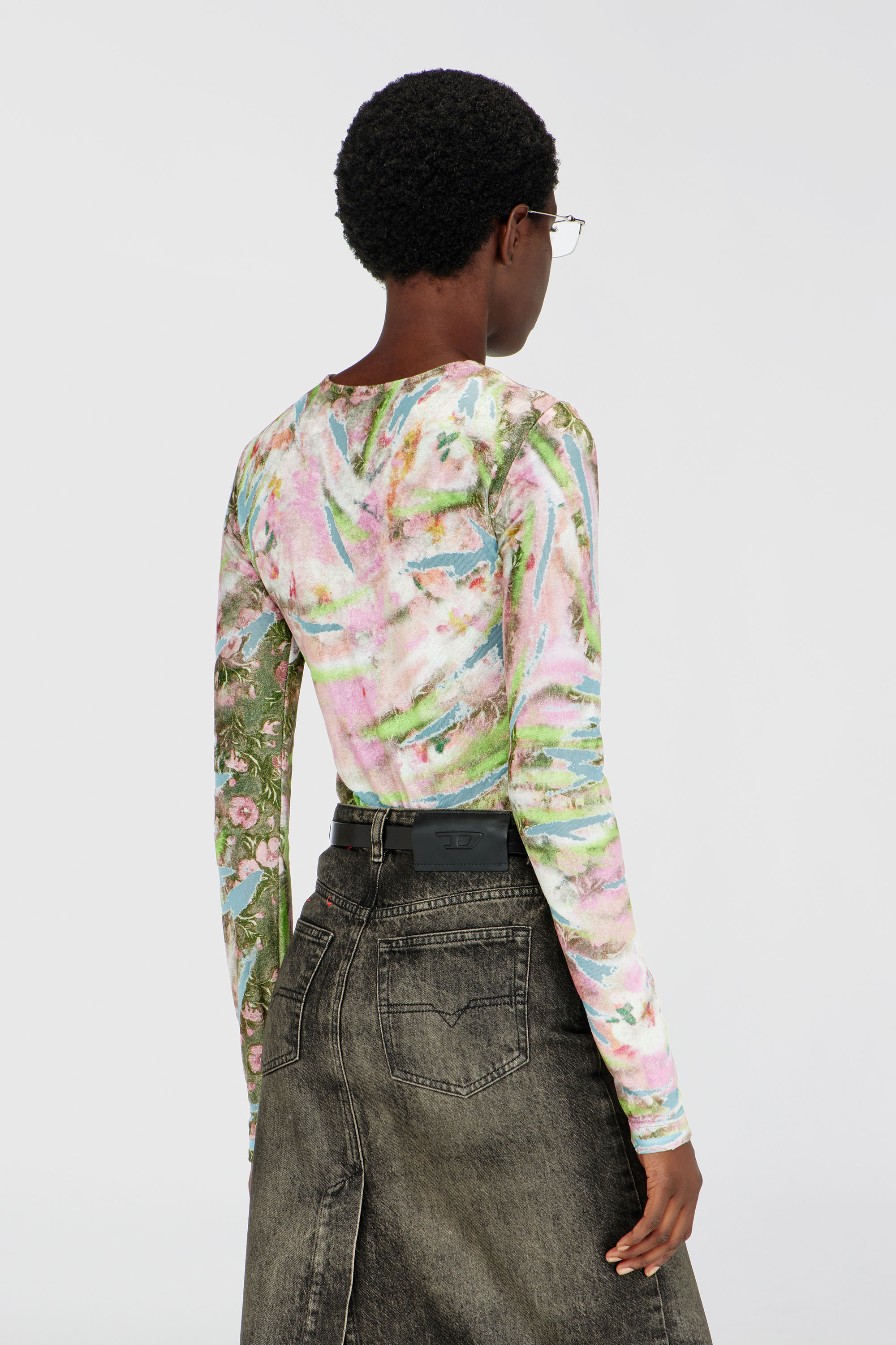 Diesel - T-ALIA, Female's Floral print top in burnout viscose chenille in ブルー/ピンク - 4
