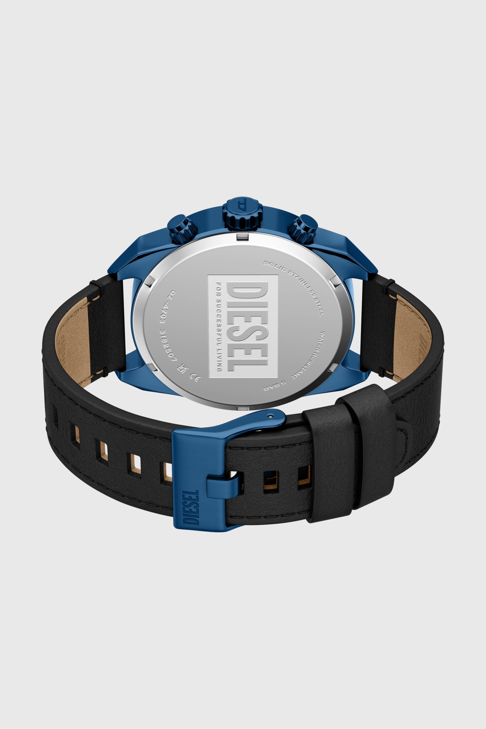Diesel - DZ4703 WATCH, Male's Spiked Chronograph Black Leather Watch in ブラック/ブルー - 6