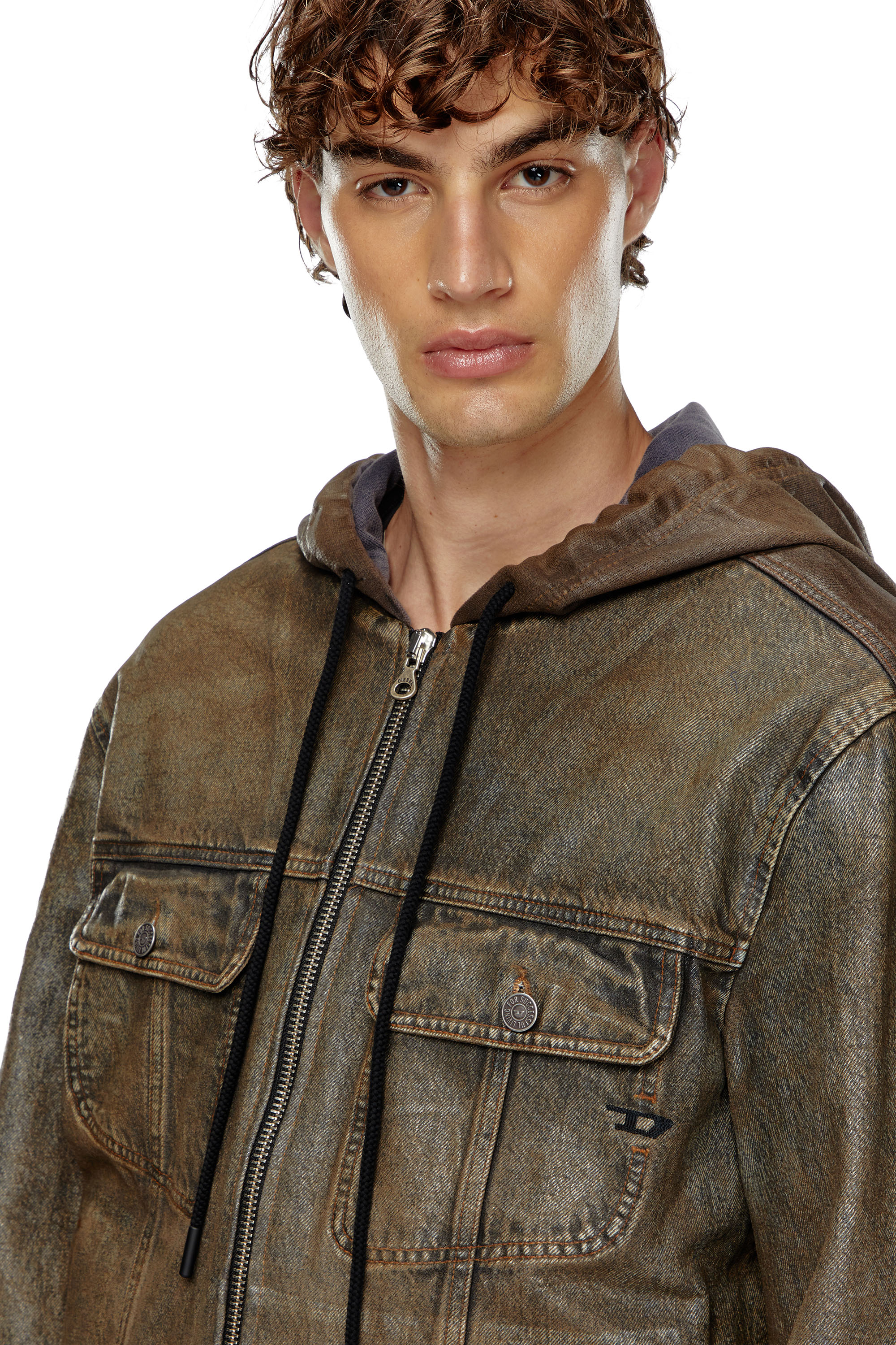 Diesel - D-GROSS-S1, Male's Hooded jacket in coated denim in Brown - 4