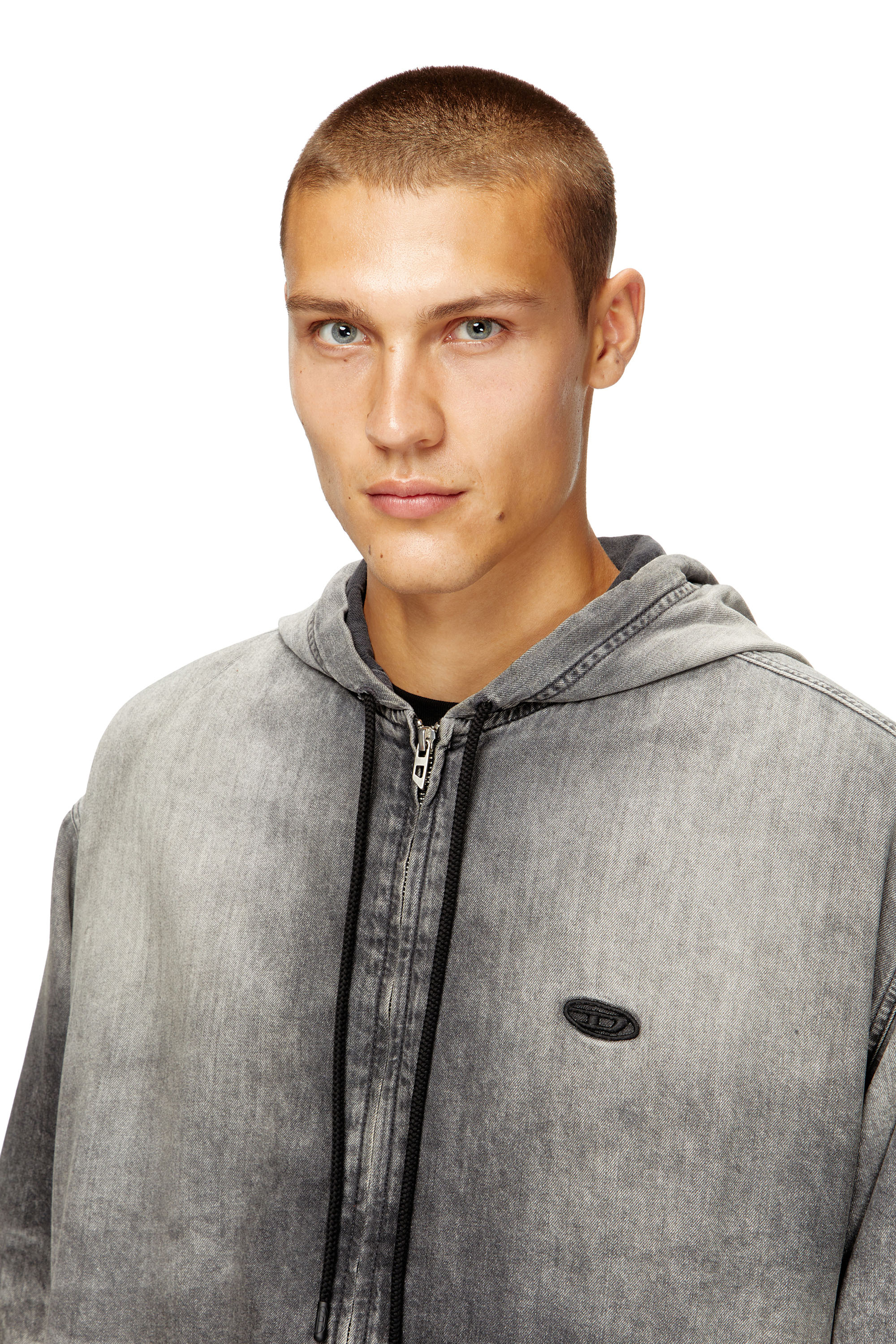 Diesel - D-OFFY-S, Unisex's Hooded jacket in marbled coated denim in ブラック/ダークグレー - 4