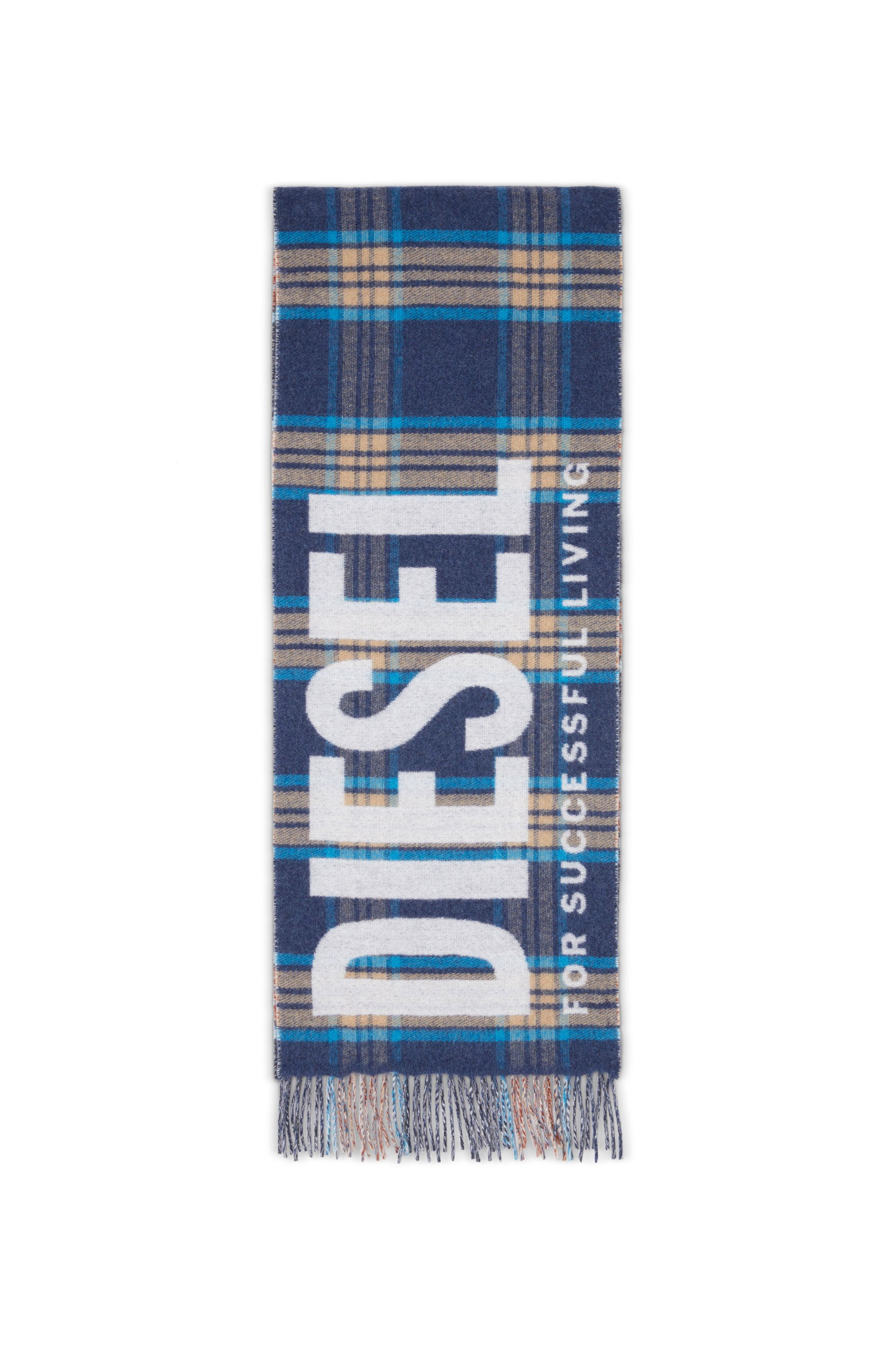 Diesel - S-QUAK, Male's Fringed scarf in check-jacquard wool blend in ブルー - 1