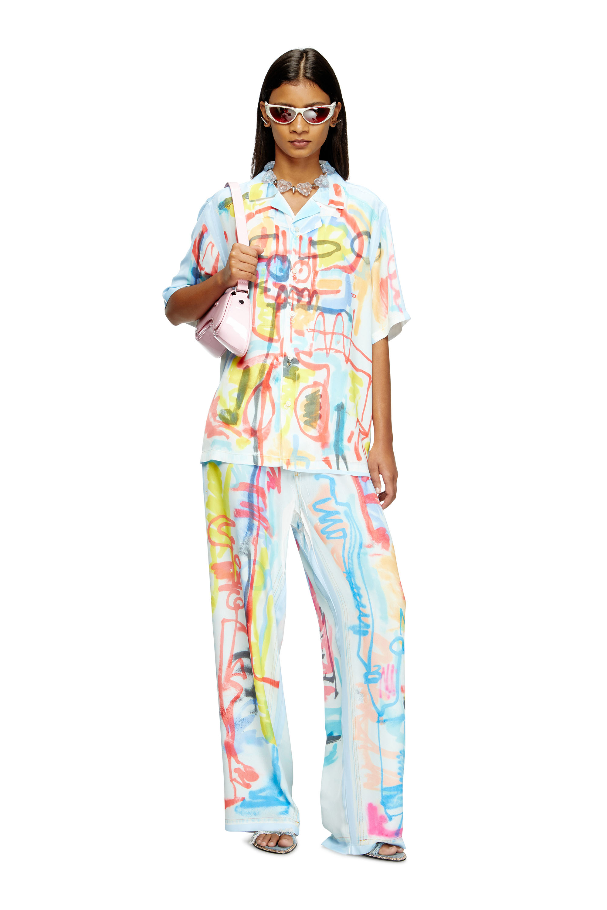 Diesel - C-PAROSHORT-GRAFFITI-AFR, Unisex's Satin bowling shirt with graffiti print in ライトブルー - 6