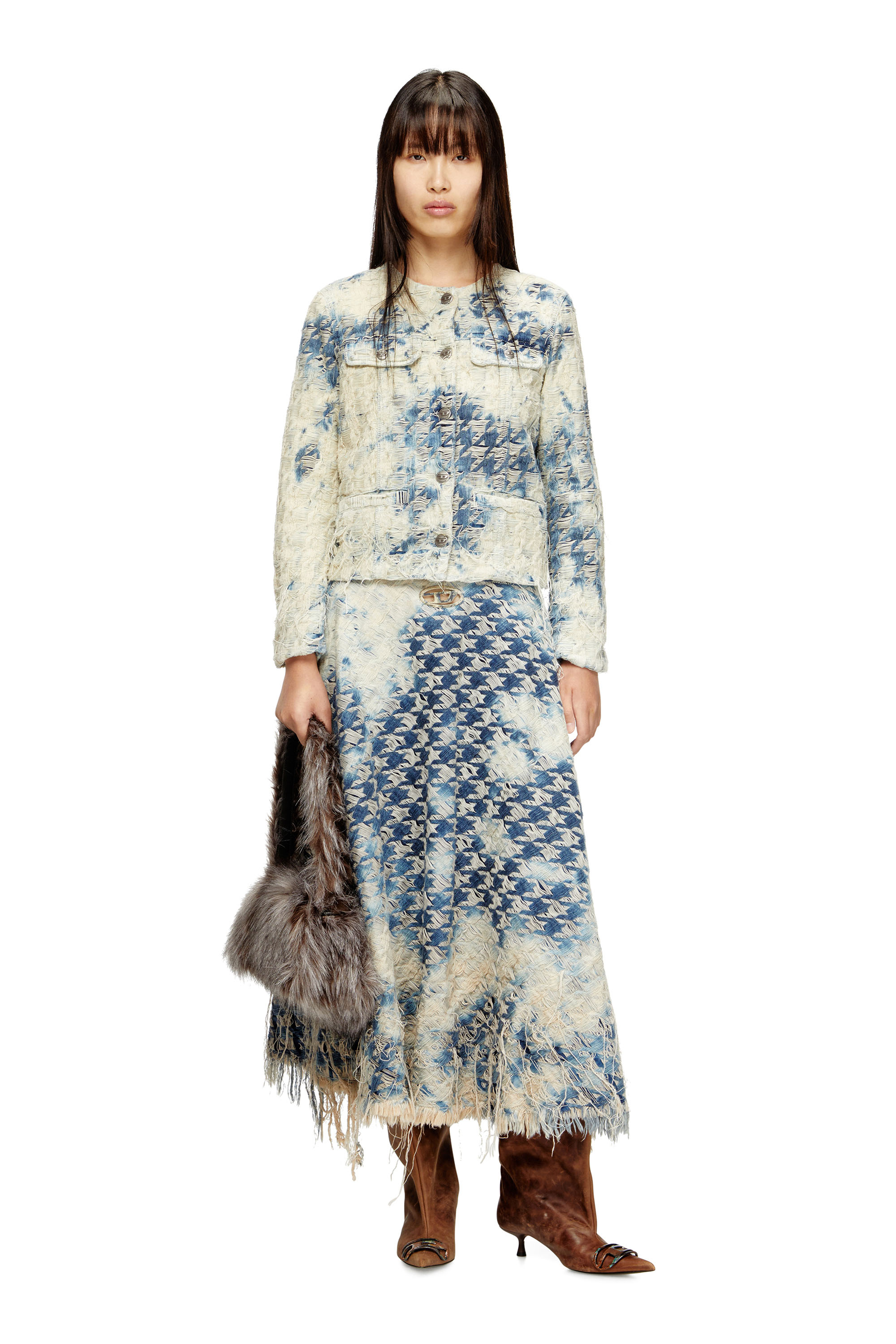 Diesel - DE-ANNET-FSH1, Female's Midi skirt in houndstooth-weave denim in ミディアムブルー - 1