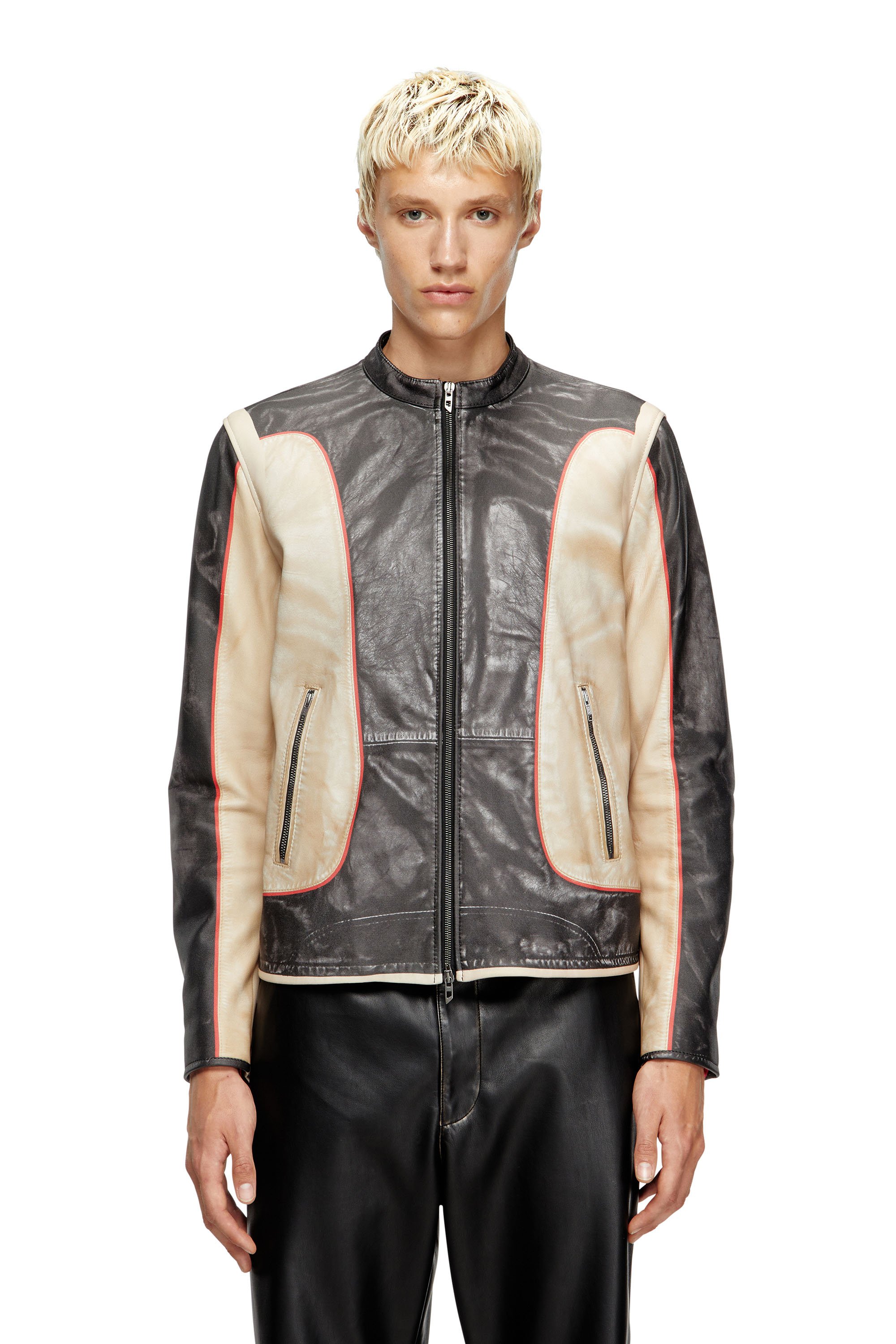 Diesel - L-EVERT, Male's Trompe l'oeil-effect leather biker jacket in ベージュ/ブラック - 1