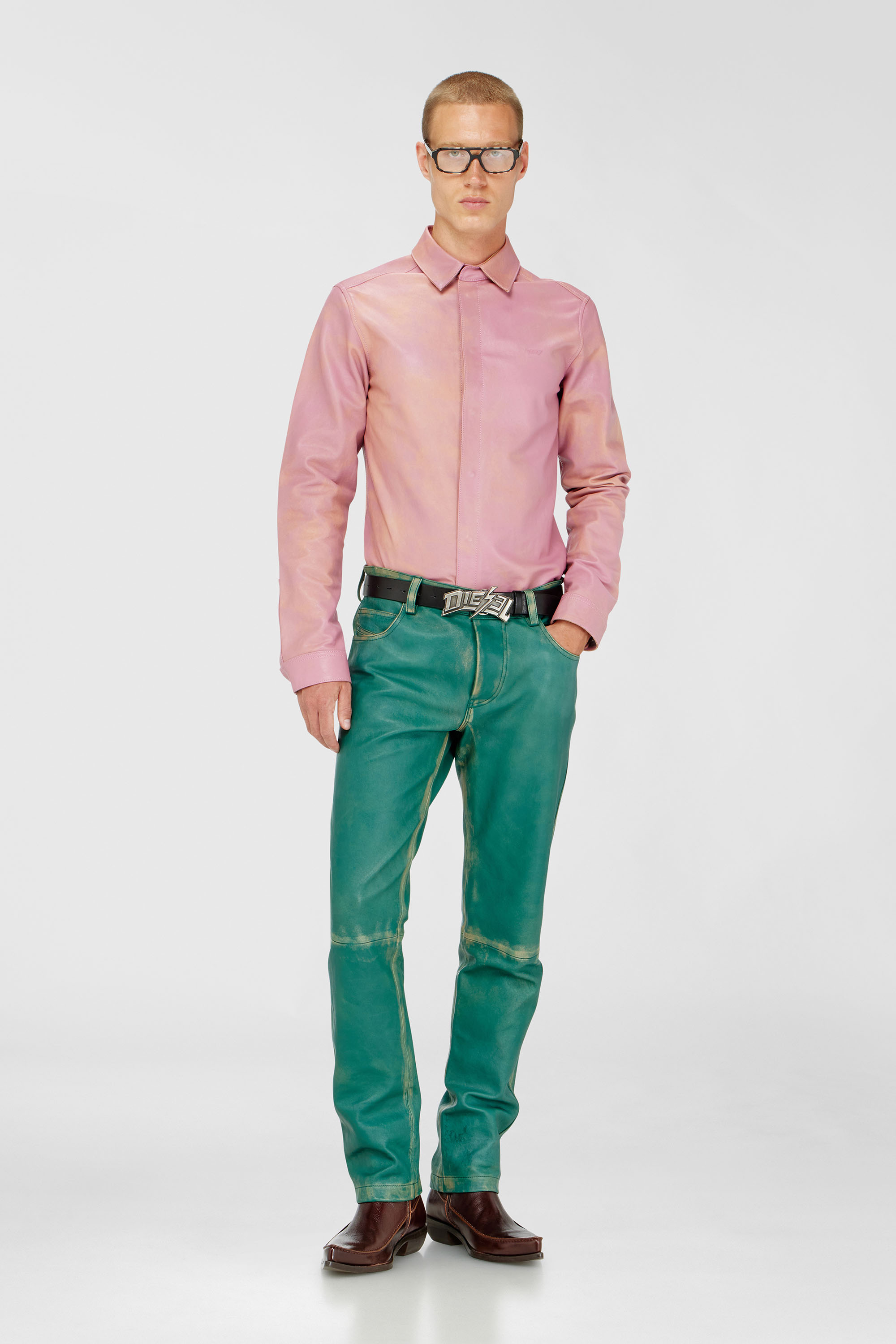 Diesel - S-CIRT, Male's Shirt in treated leather in ピンク / ホワイト - 2