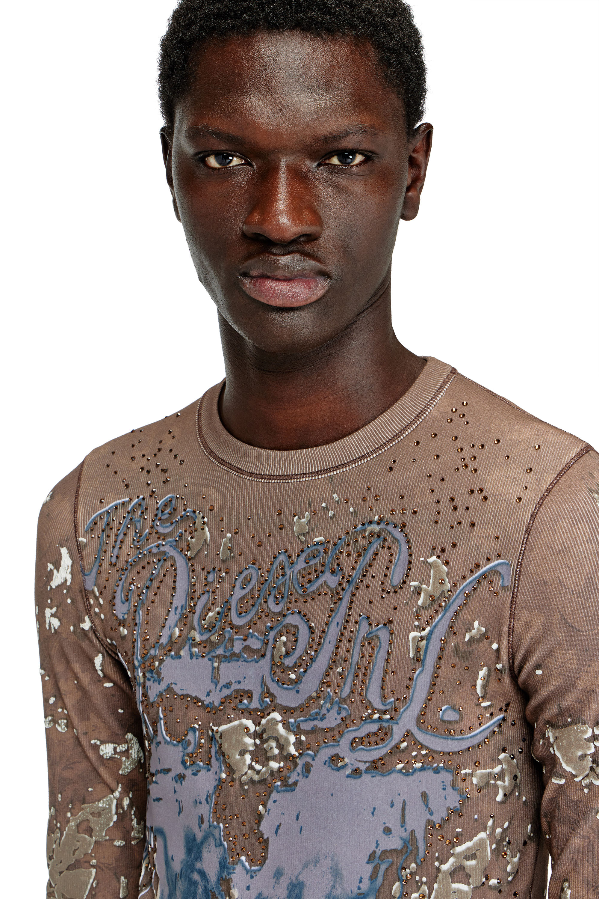 Diesel - T-TADEO, Male's Printed rib-jersey top with crystals in ブラウン - 4